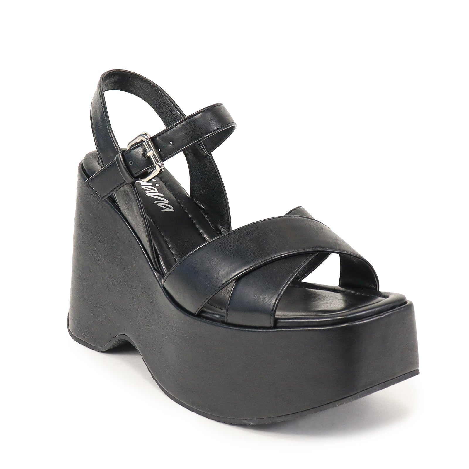 NICO-1 CROSS BAND ANKLE BUCKLE W/PLATFORM WEDGE BLACK