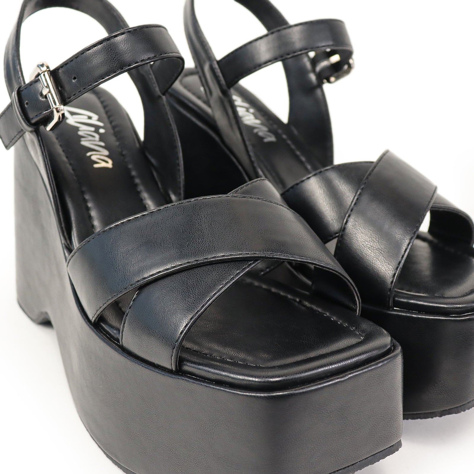 NICO-1 CROSS BAND ANKLE BUCKLE W/PLATFORM WEDGE BLACK
