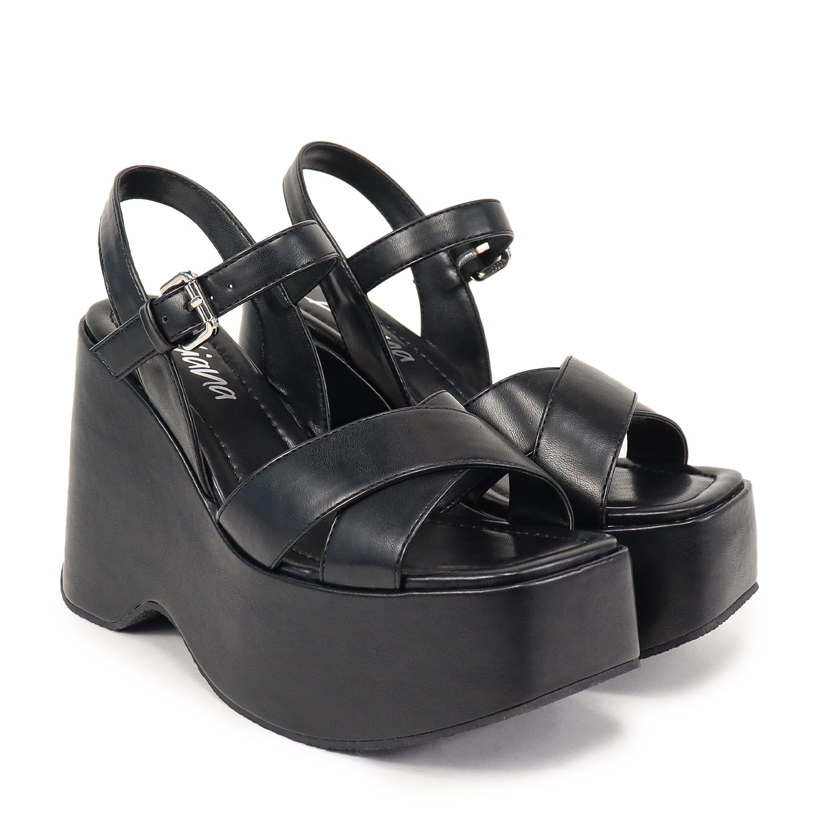 NICO-1 CROSS BAND ANKLE BUCKLE W/PLATFORM WEDGE BLACK