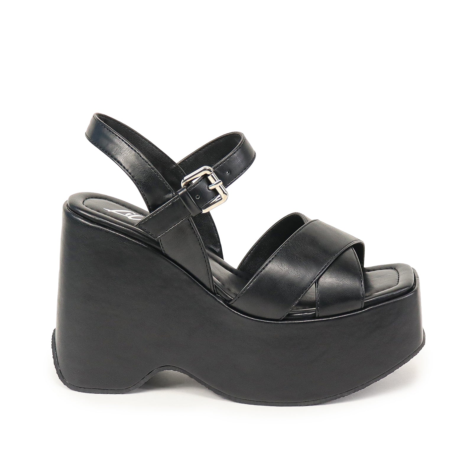NICO-1 CROSS BAND ANKLE BUCKLE W/PLATFORM WEDGE BLACK