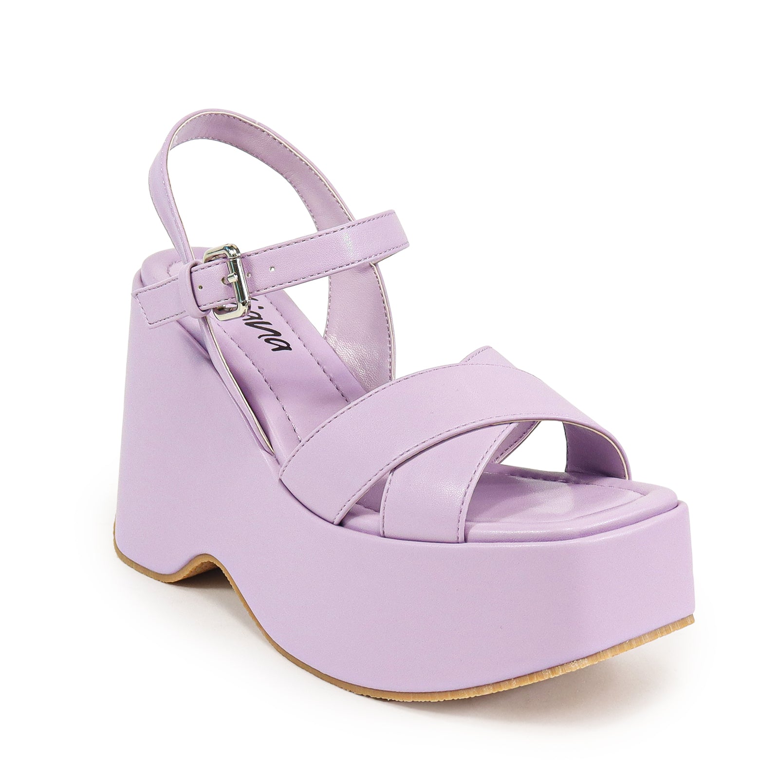 NICO-1 CROSS BAND ANKLE BUCKLE W/PLATFORM WEDGE LILAC