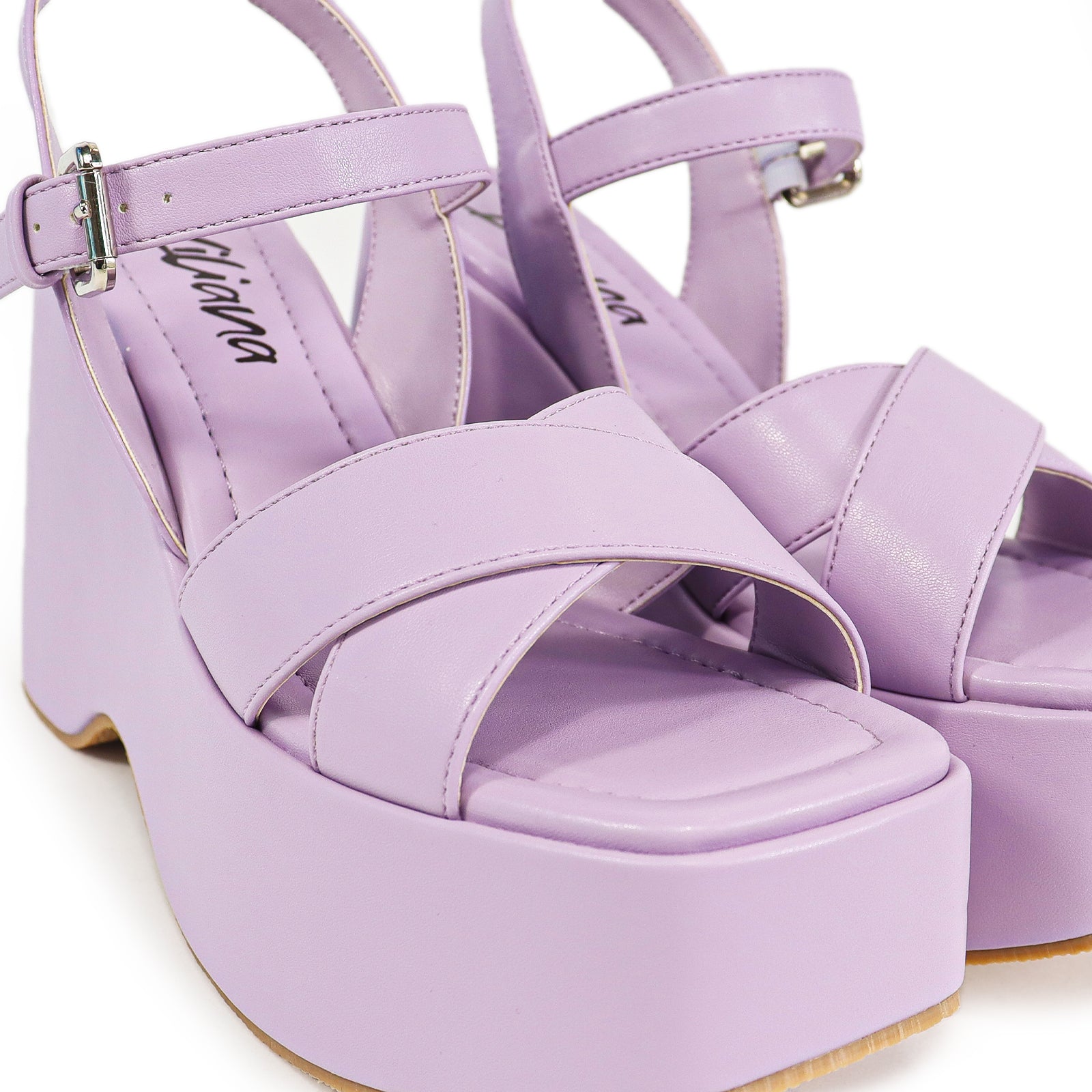 NICO-1 CROSS BAND ANKLE BUCKLE W/PLATFORM WEDGE LILAC