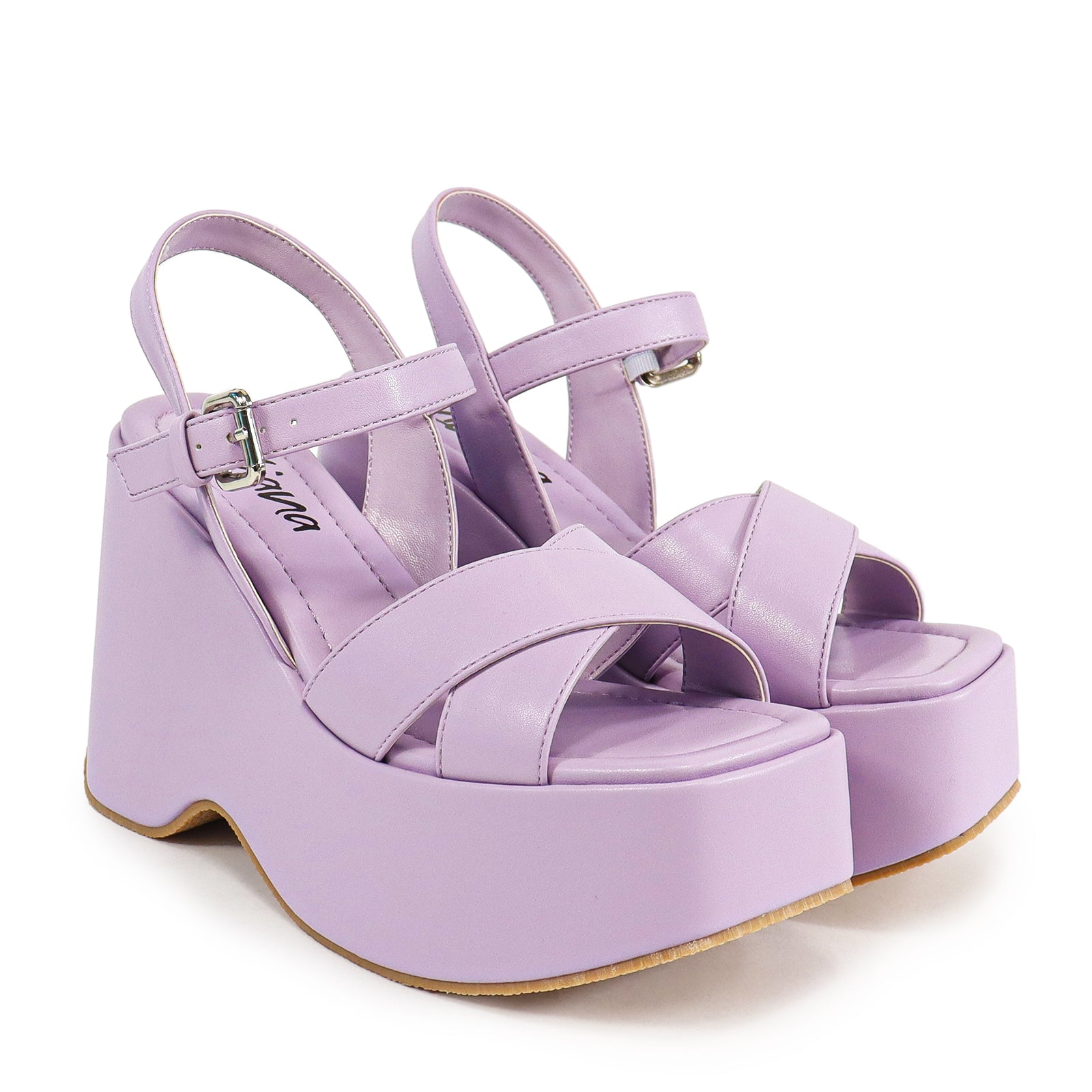 NICO-1 CROSS BAND ANKLE BUCKLE W/PLATFORM WEDGE LILAC