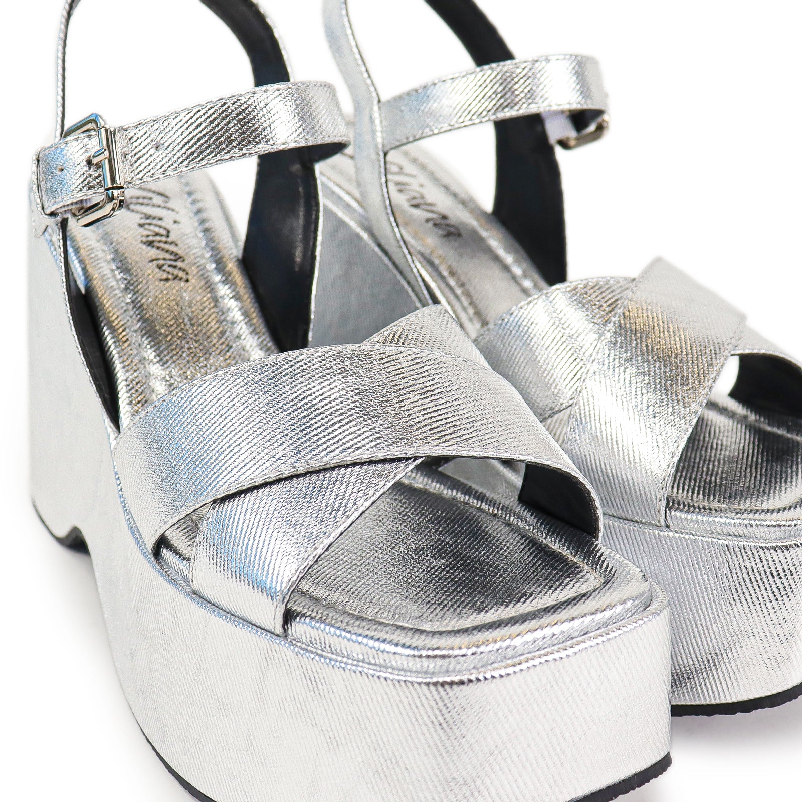 NICO-1 CROSS BAND ANKLE BUCKLE W/PLATFORM WEDGE SILVER