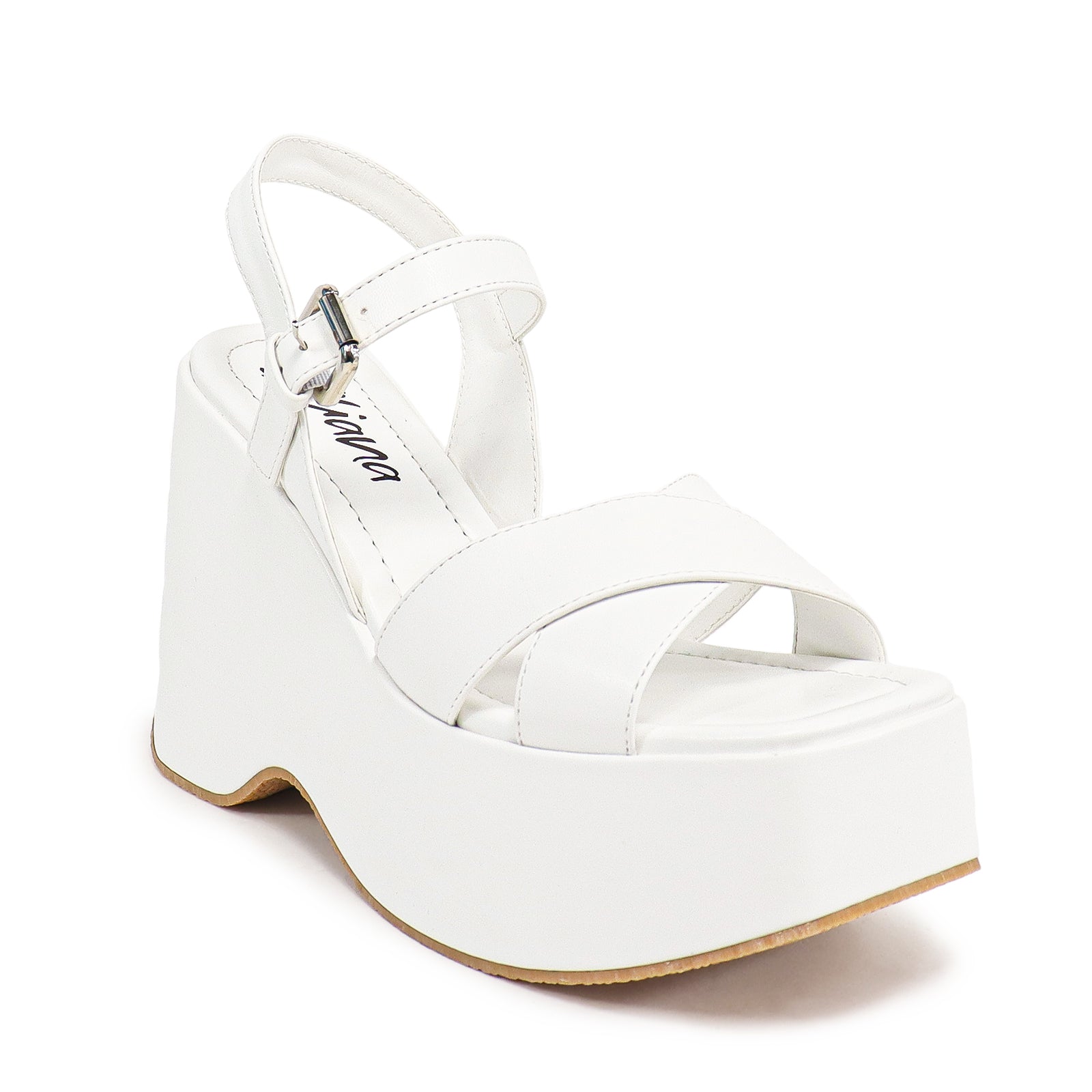 NICO-1 CROSS BAND ANKLE BUCKLE W/PLATFORM WEDGE WHITE