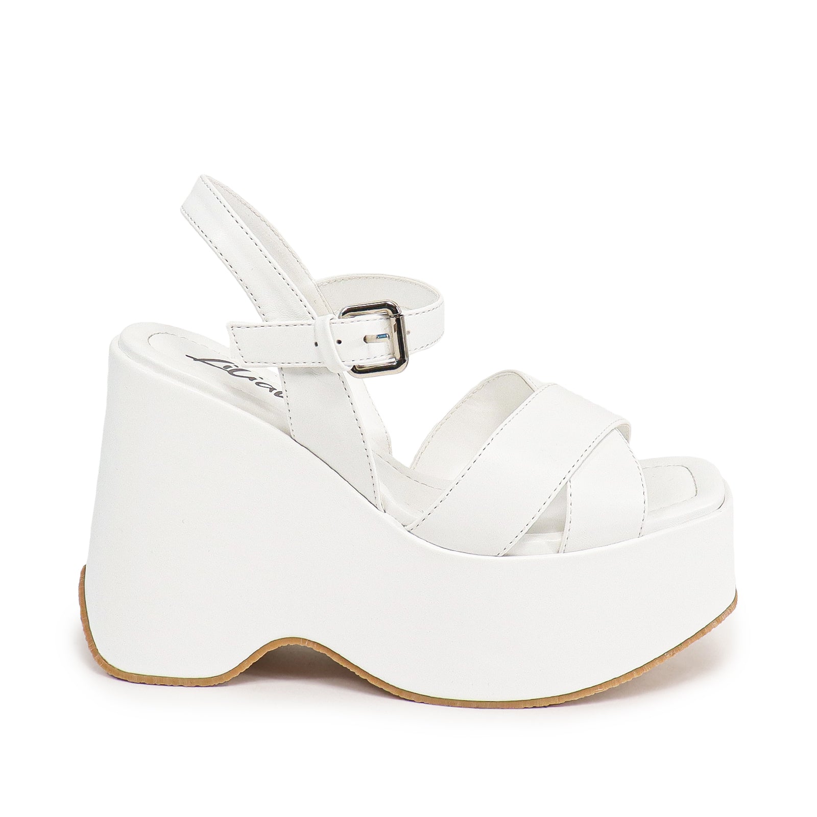 NICO-1 CROSS BAND ANKLE BUCKLE W/PLATFORM WEDGE WHITE