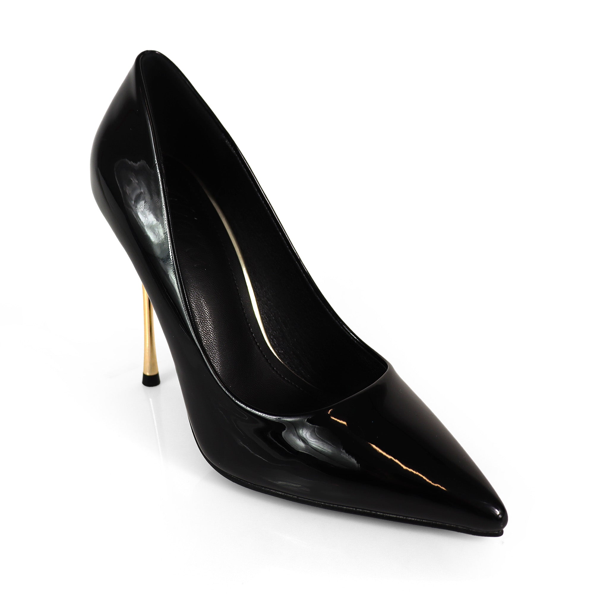 NICOLE-3 POINTED TOE PATENT PUMP W/ METAL HEEL BLACK
