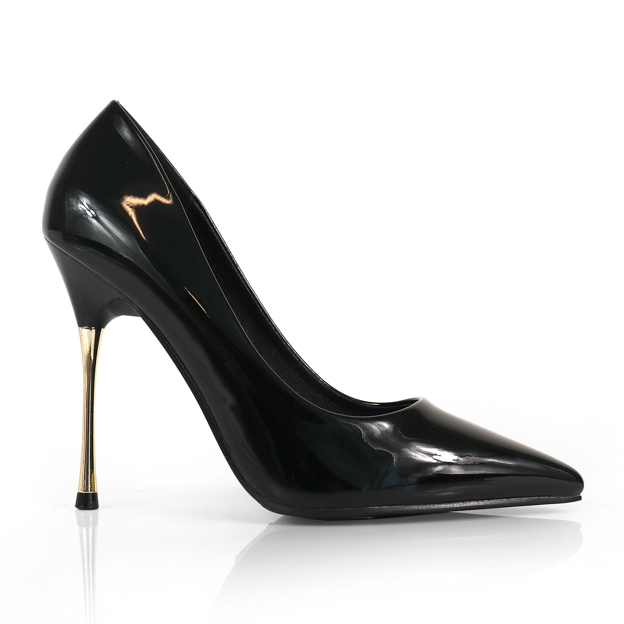 NICOLE-3 POINTED TOE PATENT PUMP W/ METAL HEEL BLACK