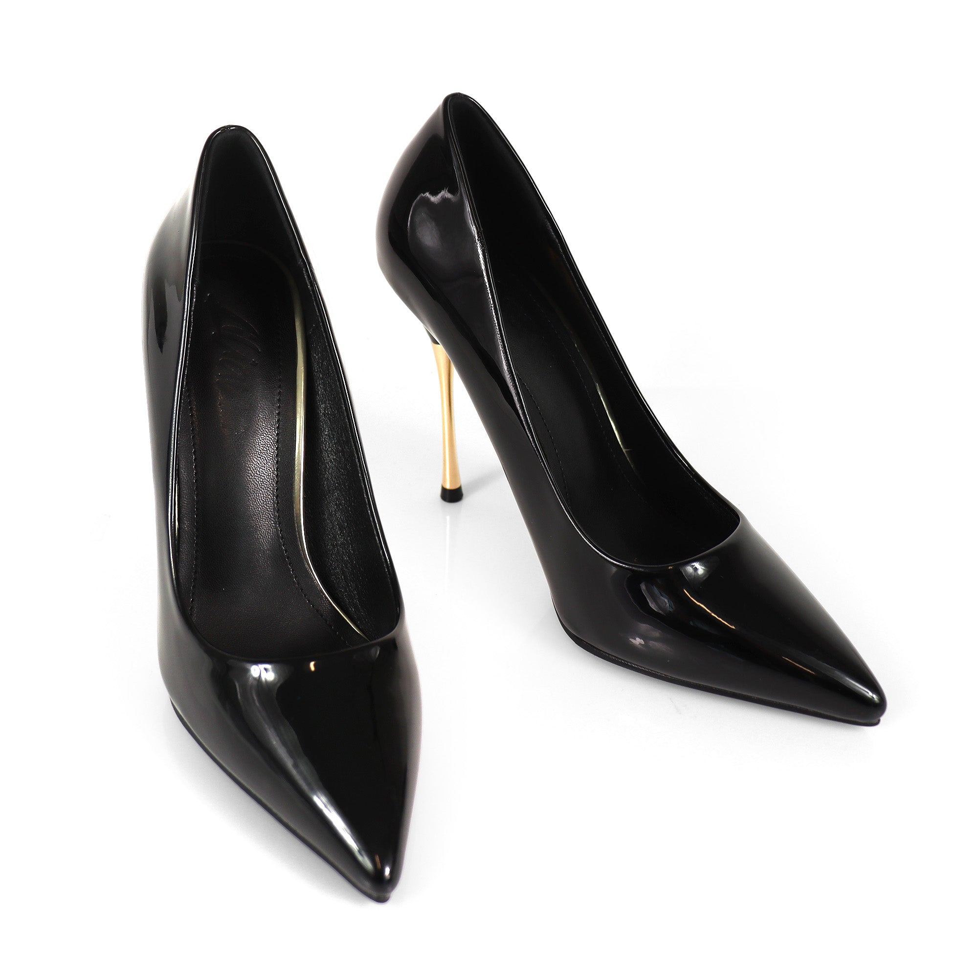 NICOLE-3 POINTED TOE PATENT PUMP W/ METAL HEEL BLACK