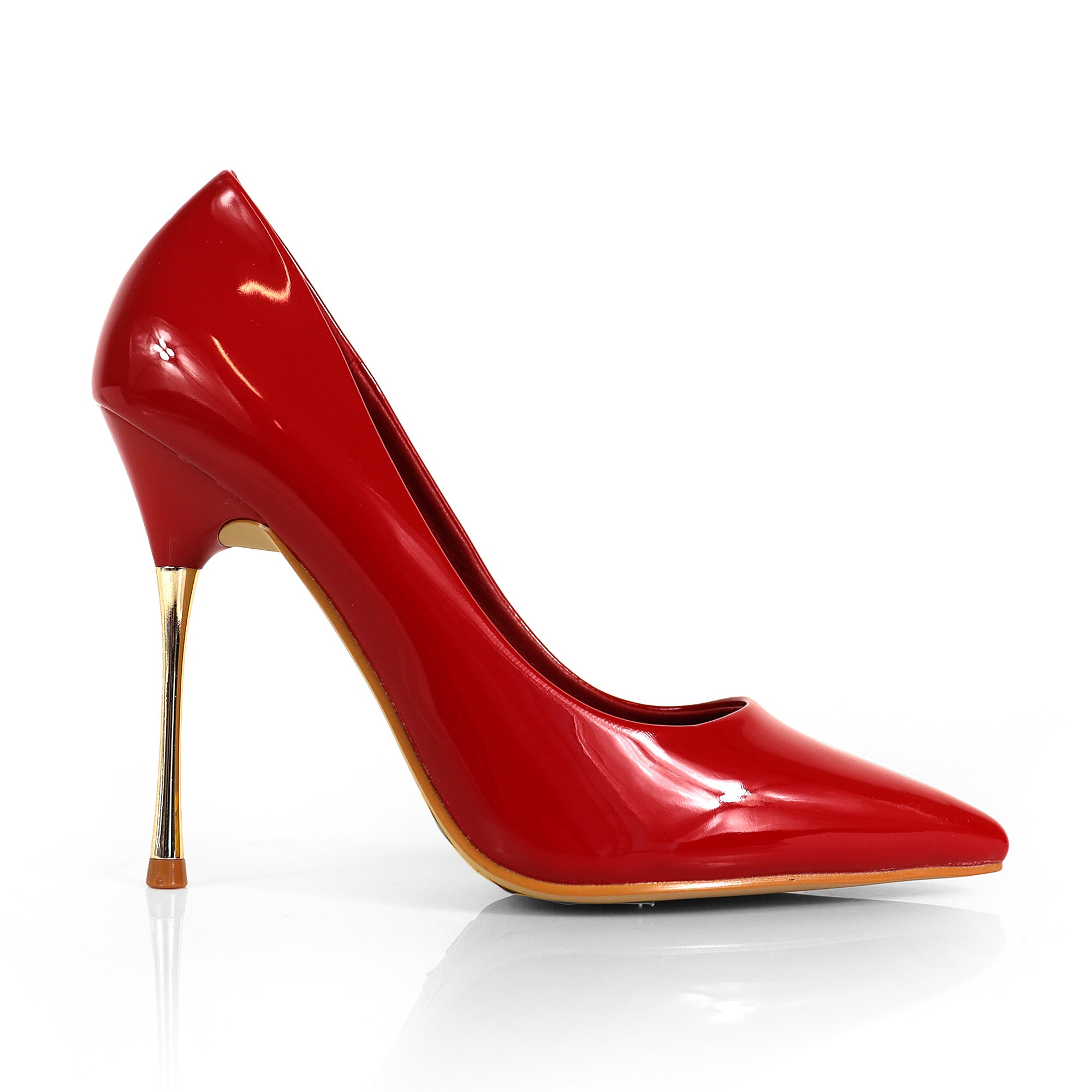 NICOLE-3 POINTED TOE PATENT PUMP W/ METAL HEEL RED