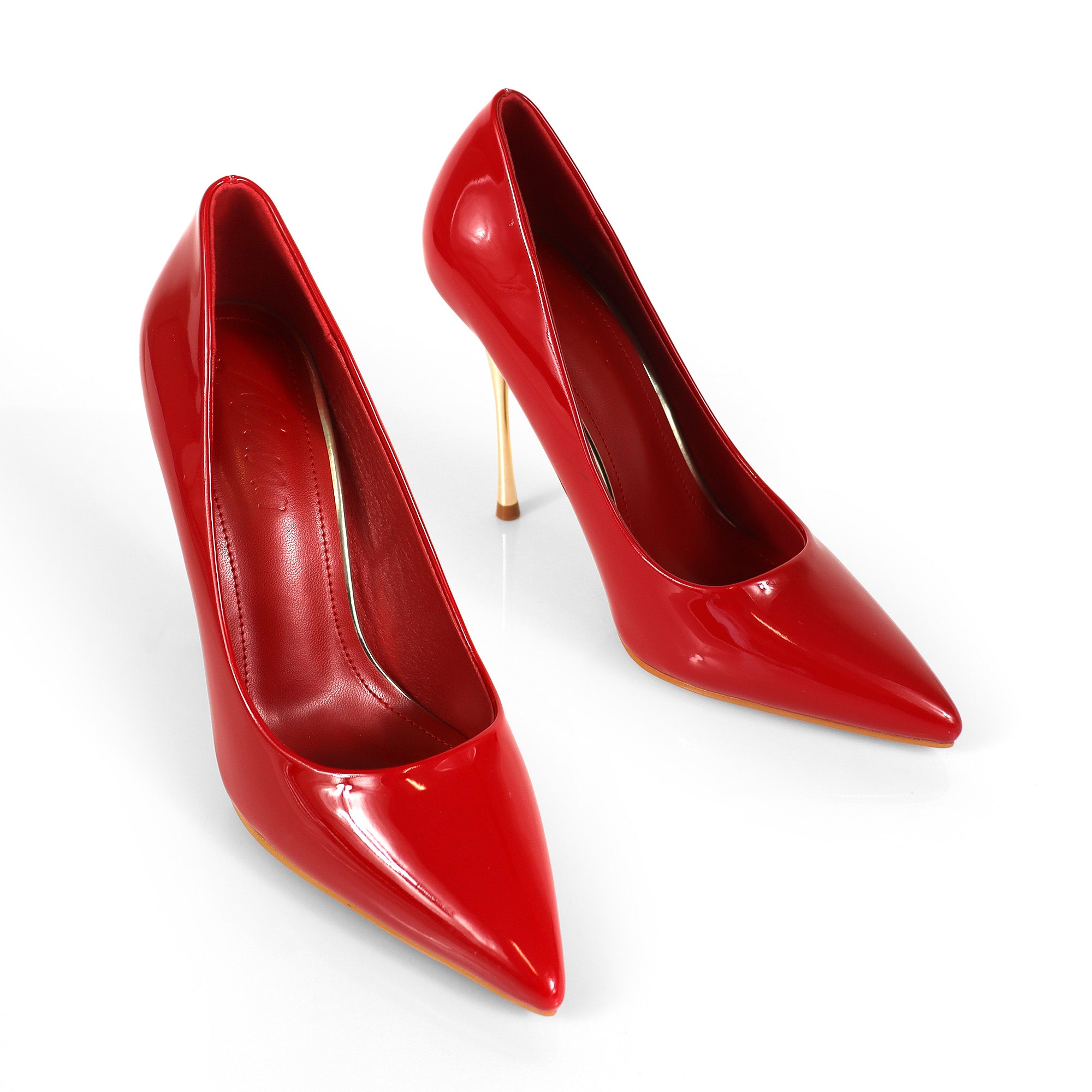 NICOLE-3 POINTED TOE PATENT PUMP W/ METAL HEEL RED