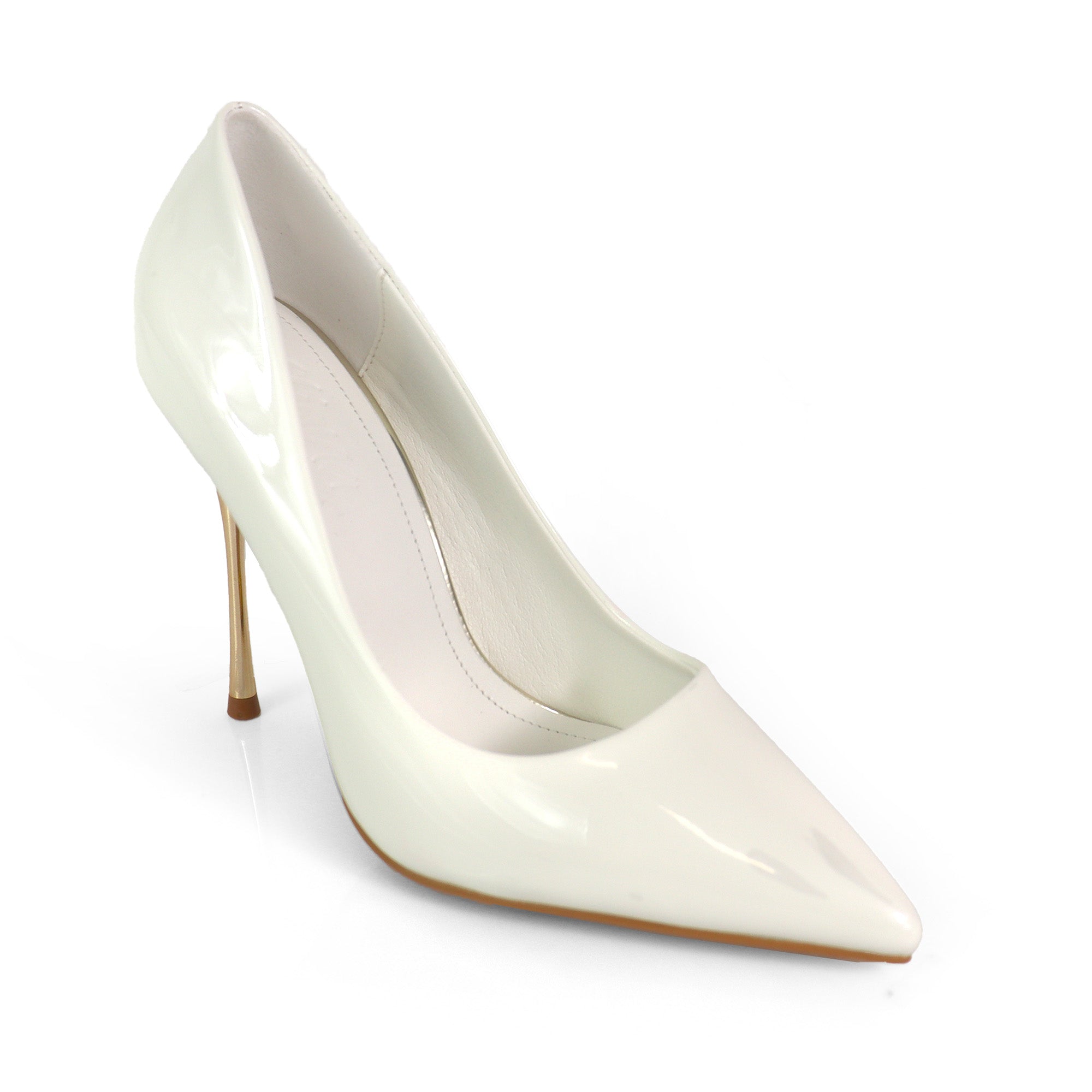 NICOLE-3 POINTED TOE PATENT PUMP W/ METAL HEEL WHITE