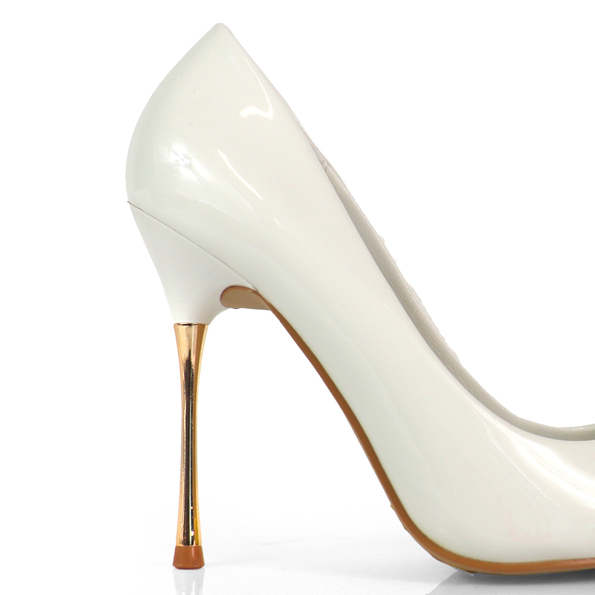 NICOLE-3 POINTED TOE PATENT PUMP W/ METAL HEEL WHITE