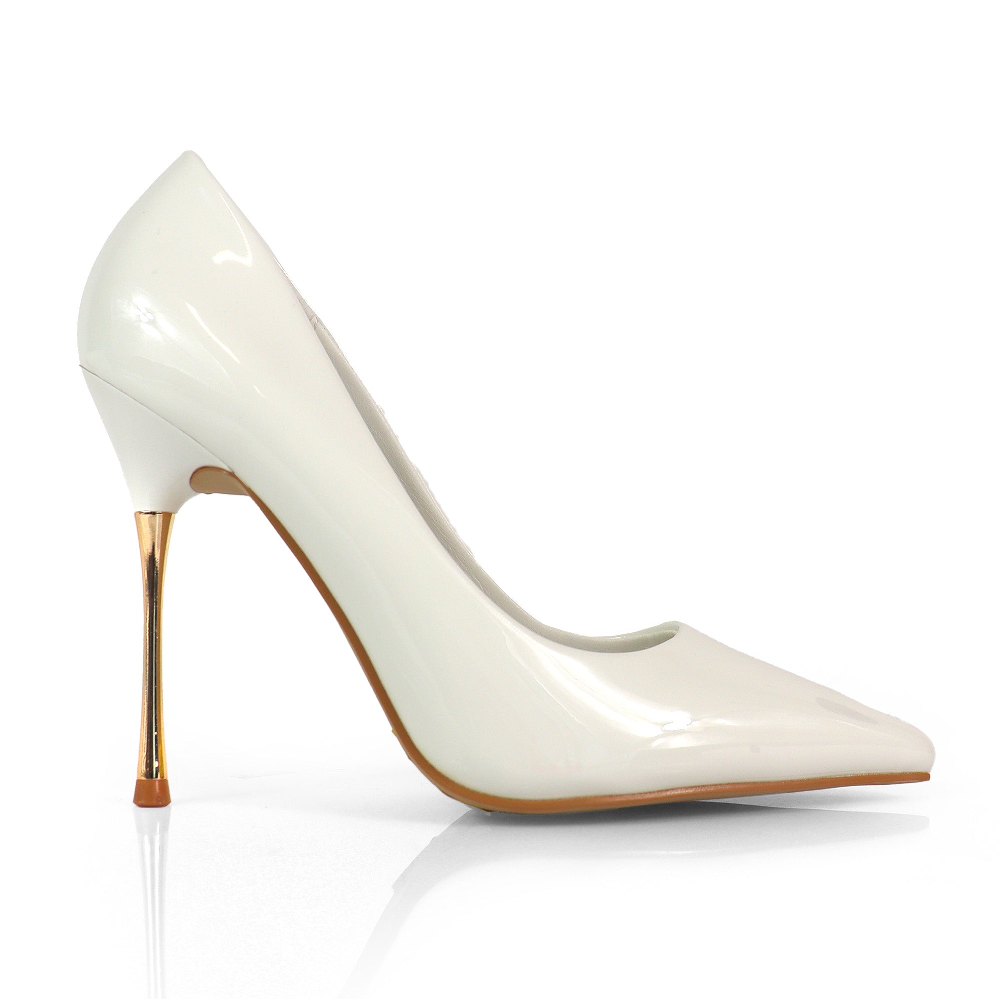 NICOLE-3 POINTED TOE PATENT PUMP W/ METAL HEEL WHITE