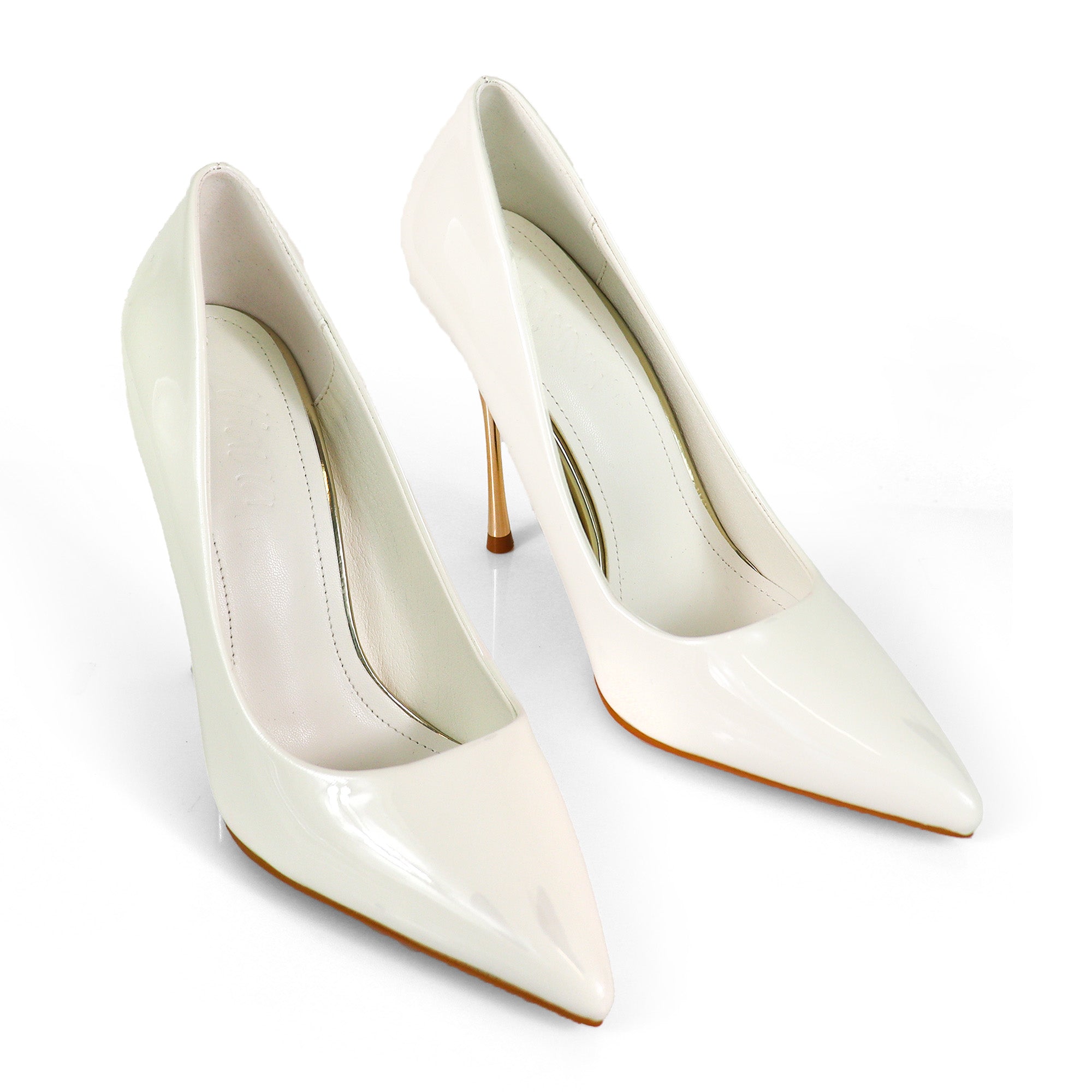 NICOLE-3 POINTED TOE PATENT PUMP W/ METAL HEEL WHITE