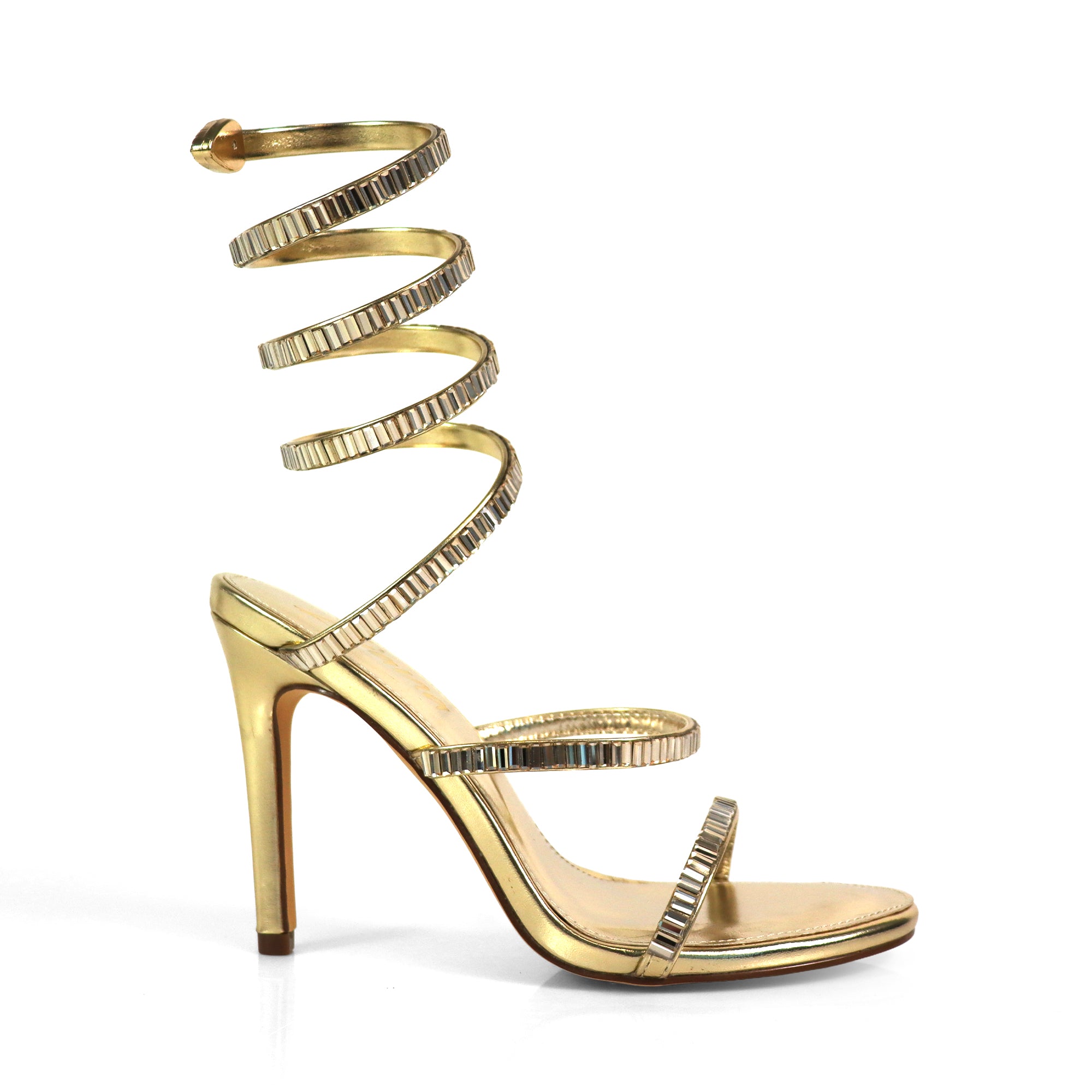 NIKIA-269 JEWELED SPIRAL COIL WRAP UP SANDAL W/ HEEL GOLD