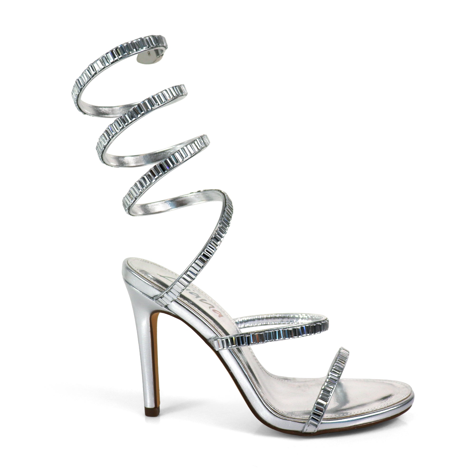 NIKIA-269 JEWELED SPIRAL COIL WRAP UP SANDAL W/ HEEL SILVER