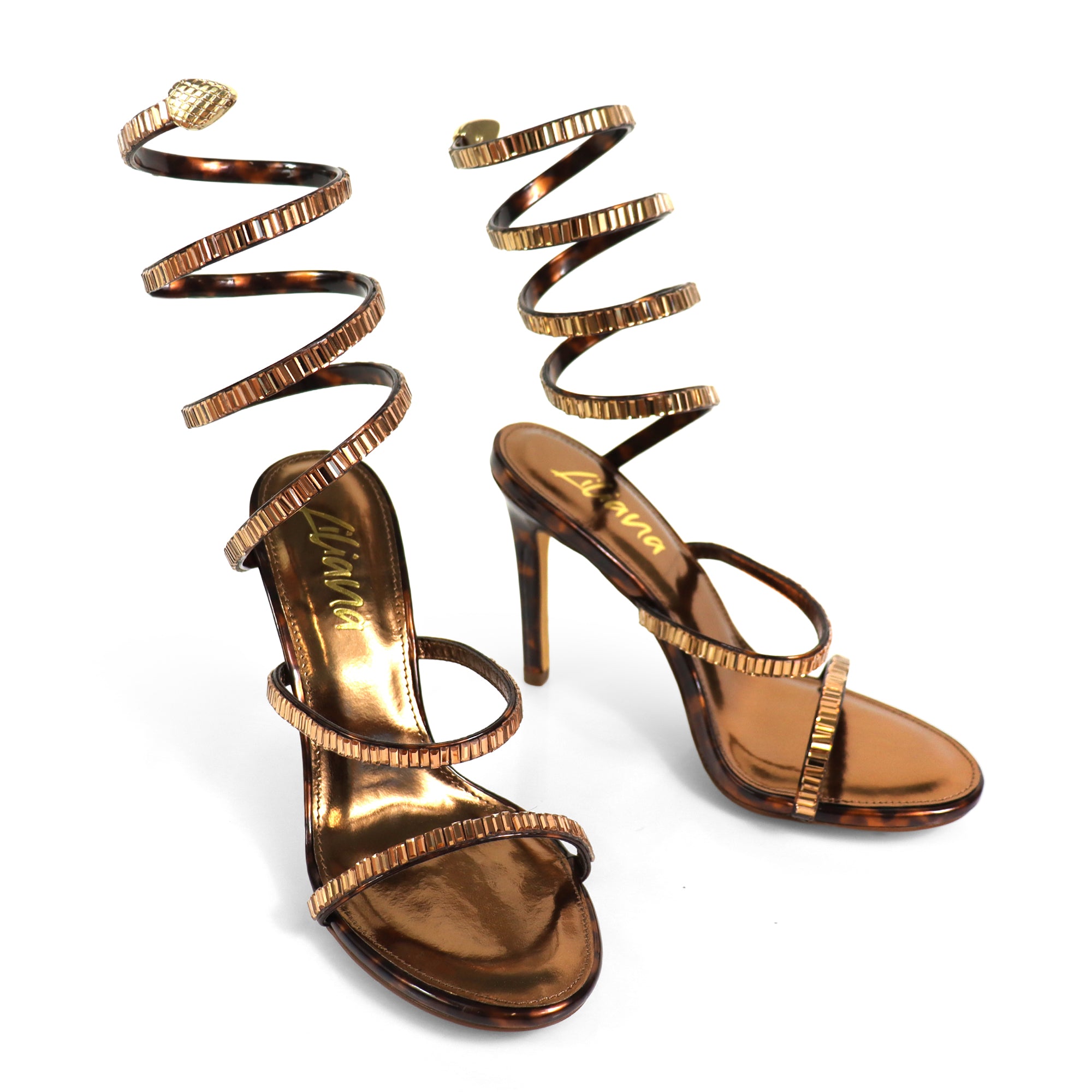 NIKIA-269 JEWELED SPIRAL COIL WRAP UP SANDAL W/ HEEL TORTOISE