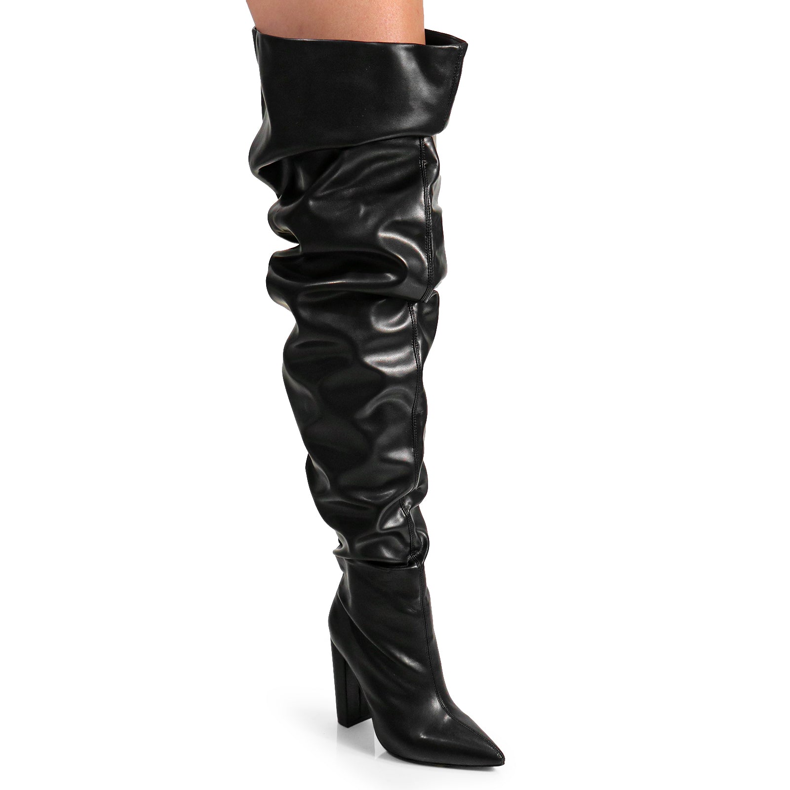 NORDIC-31 POINTED TOE KNEE HIGH SLOUCHY PU BOOTIE BLACK PU