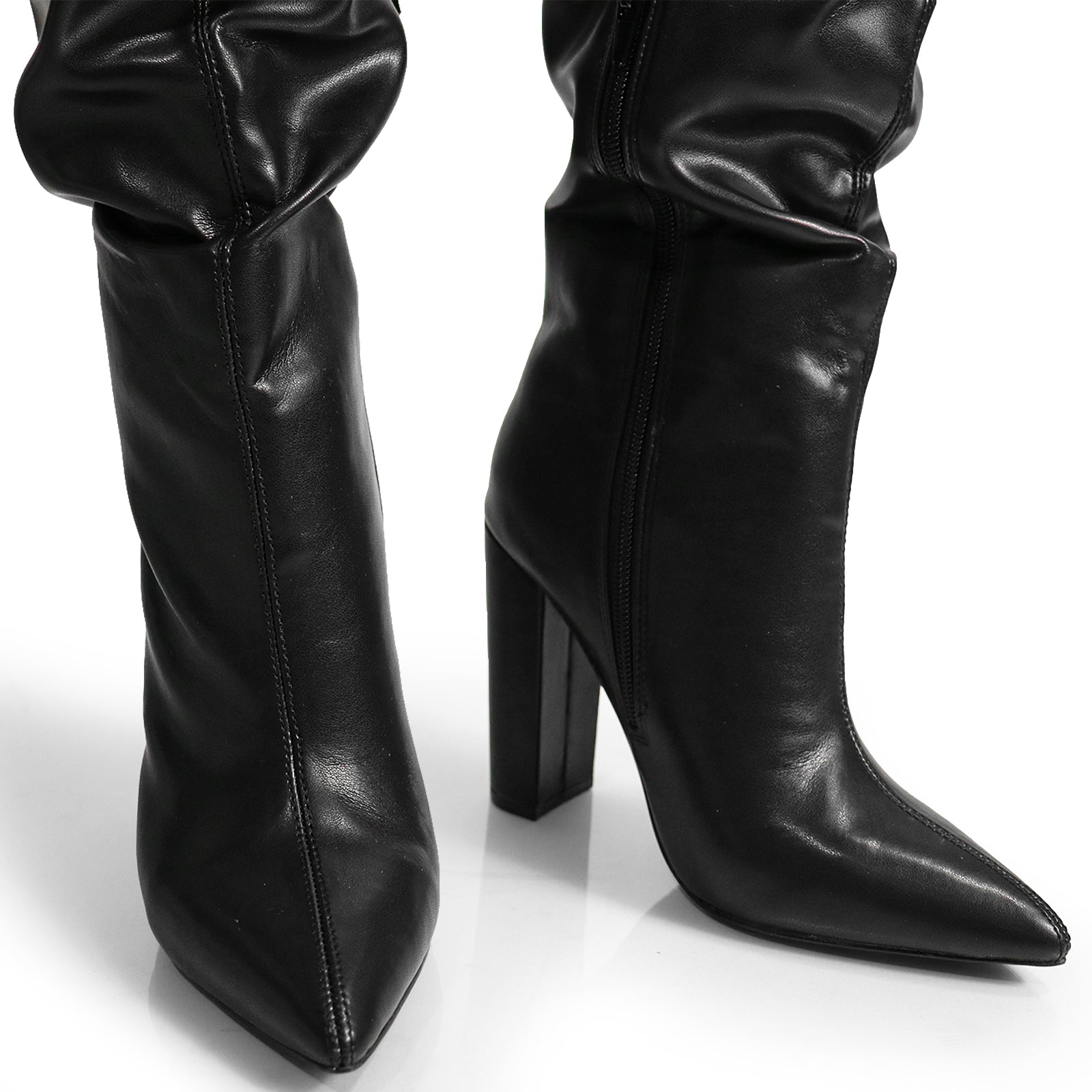 NORDIC-31 POINTED TOE KNEE HIGH SLOUCHY PU BOOTIE BLACK PU