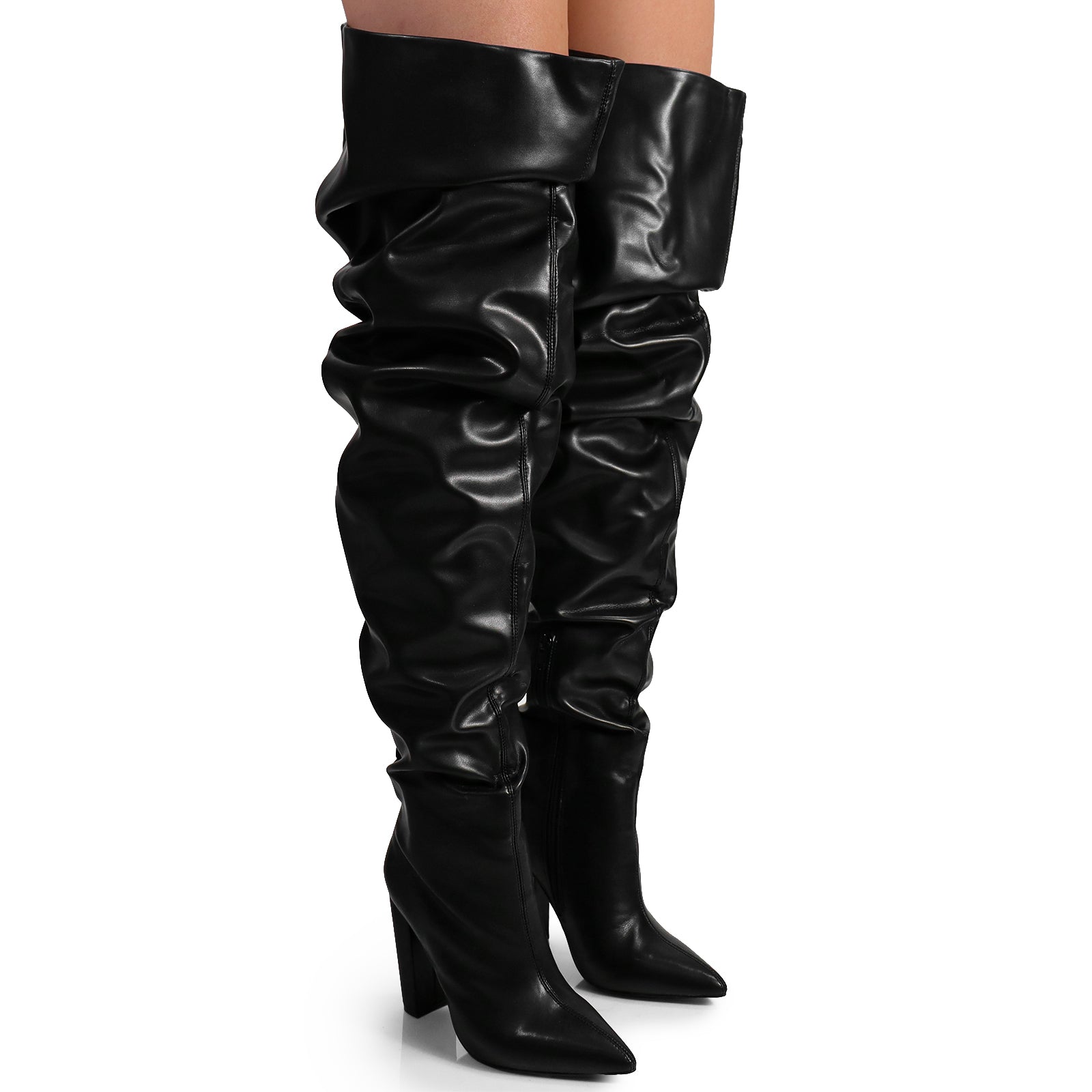 NORDIC-31 POINTED TOE KNEE HIGH SLOUCHY PU BOOTIE BLACK PU