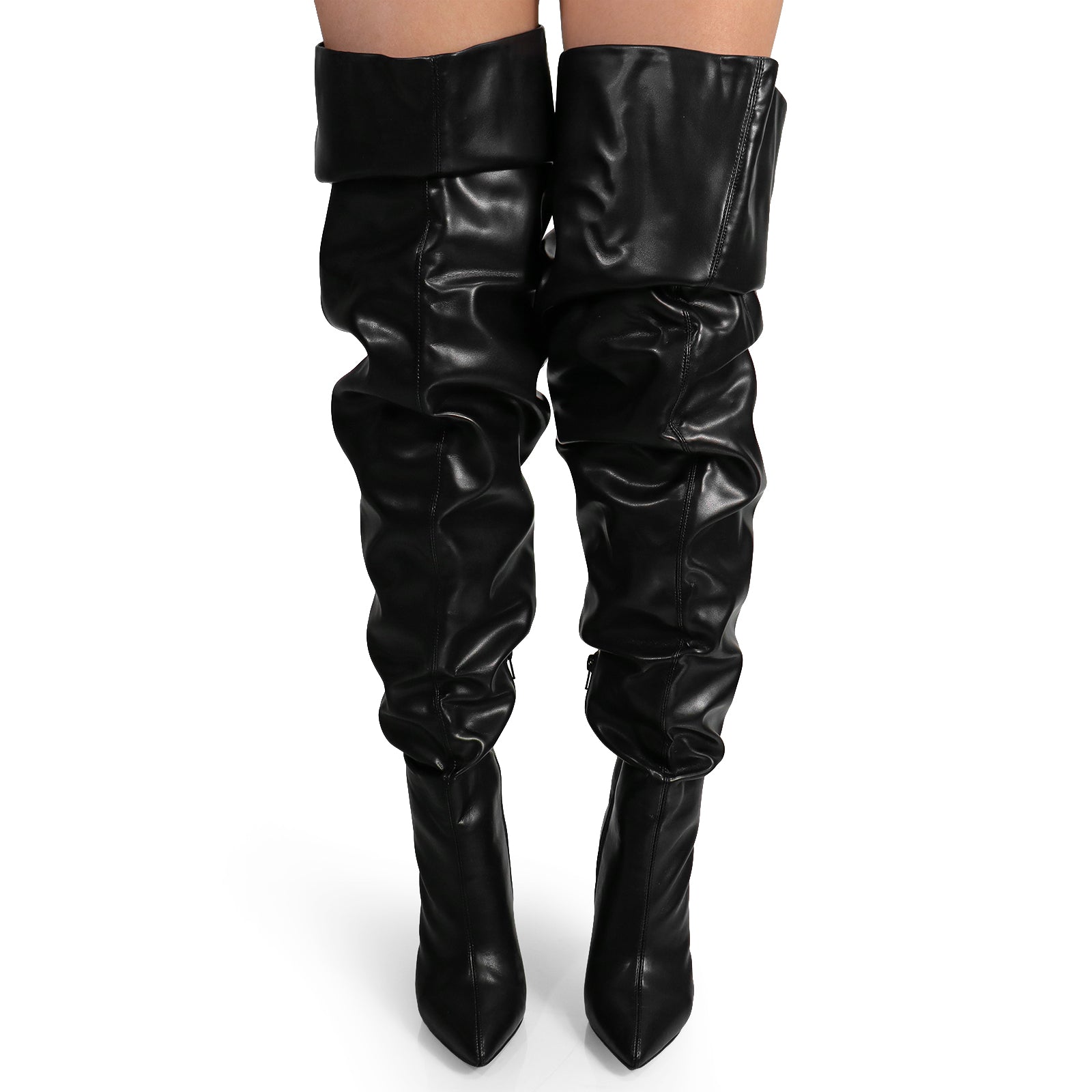 NORDIC-31 POINTED TOE KNEE HIGH SLOUCHY PU BOOTIE BLACK PU