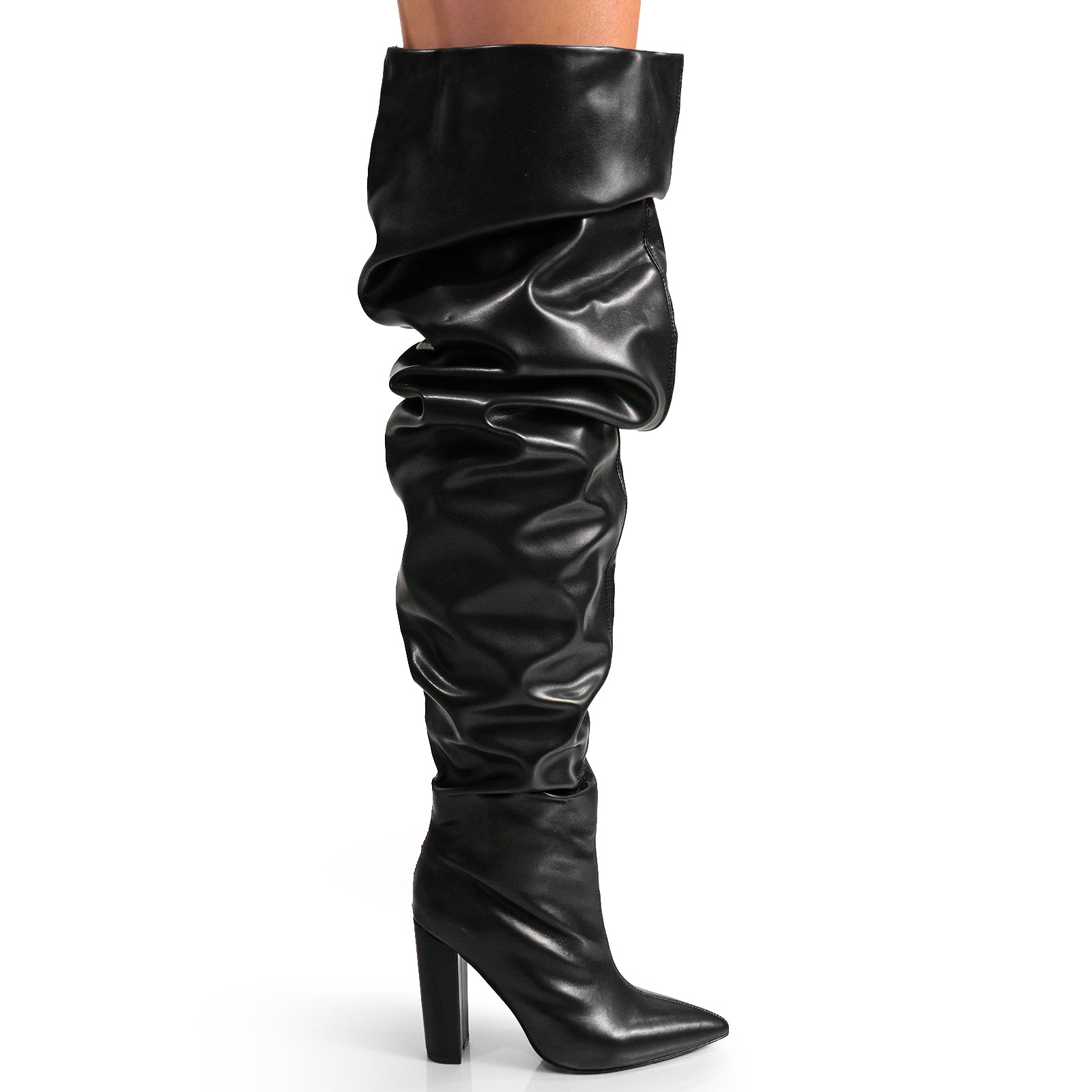 NORDIC-31 POINTED TOE KNEE HIGH SLOUCHY PU BOOTIE BLACK PU