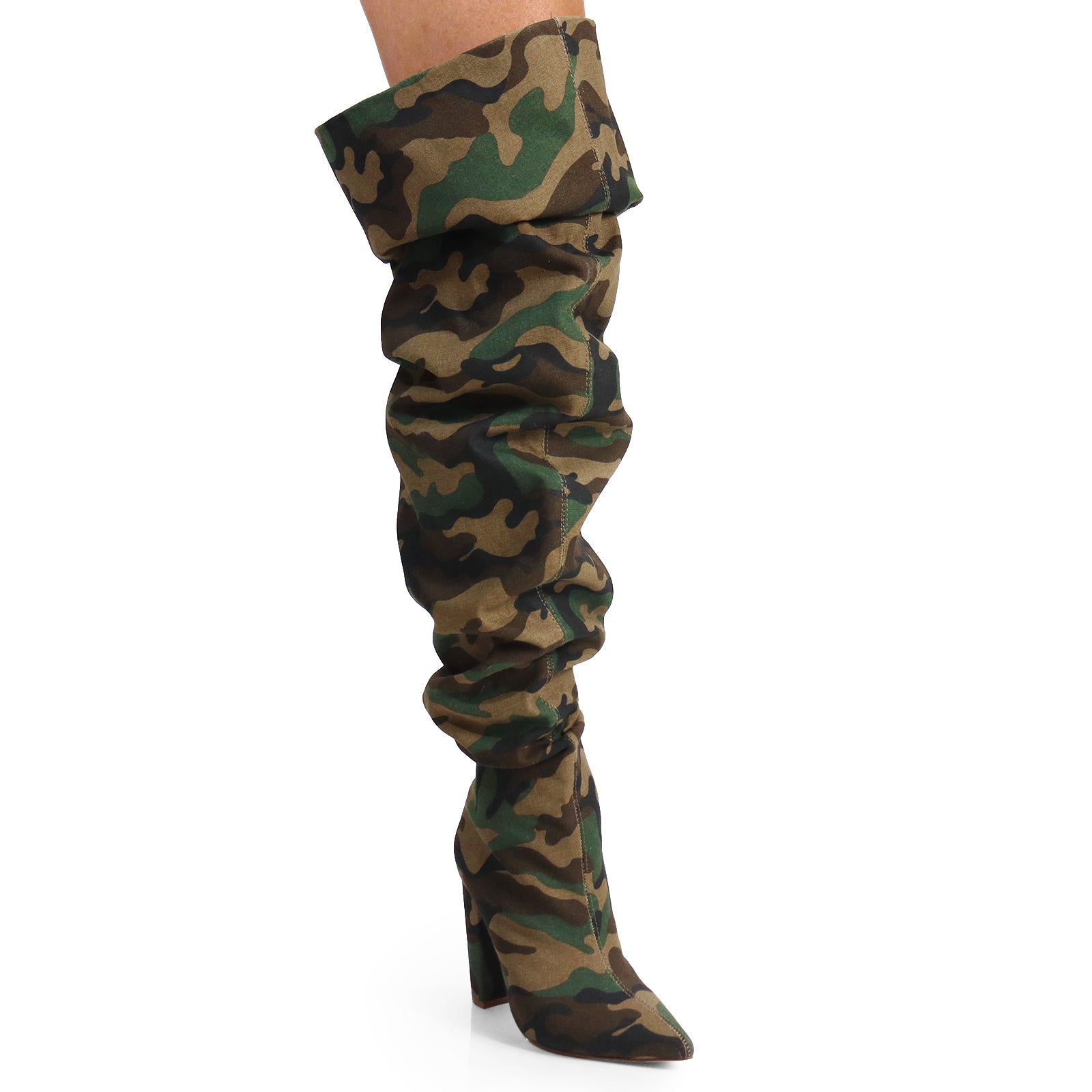 NORDIC-31 POINTED TOE KNEE HIGH SLOUCHY PU BOOTIE CAMOFLAGE