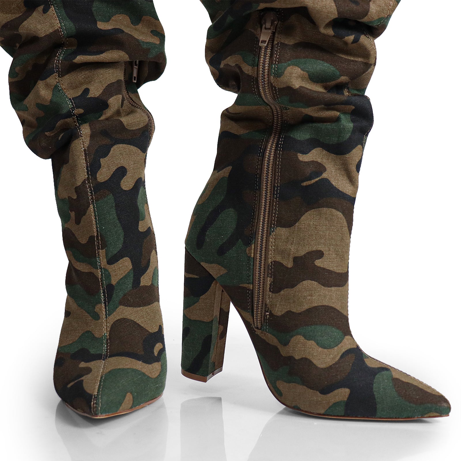 NORDIC-31 POINTED TOE KNEE HIGH SLOUCHY PU BOOTIE CAMOFLAGE