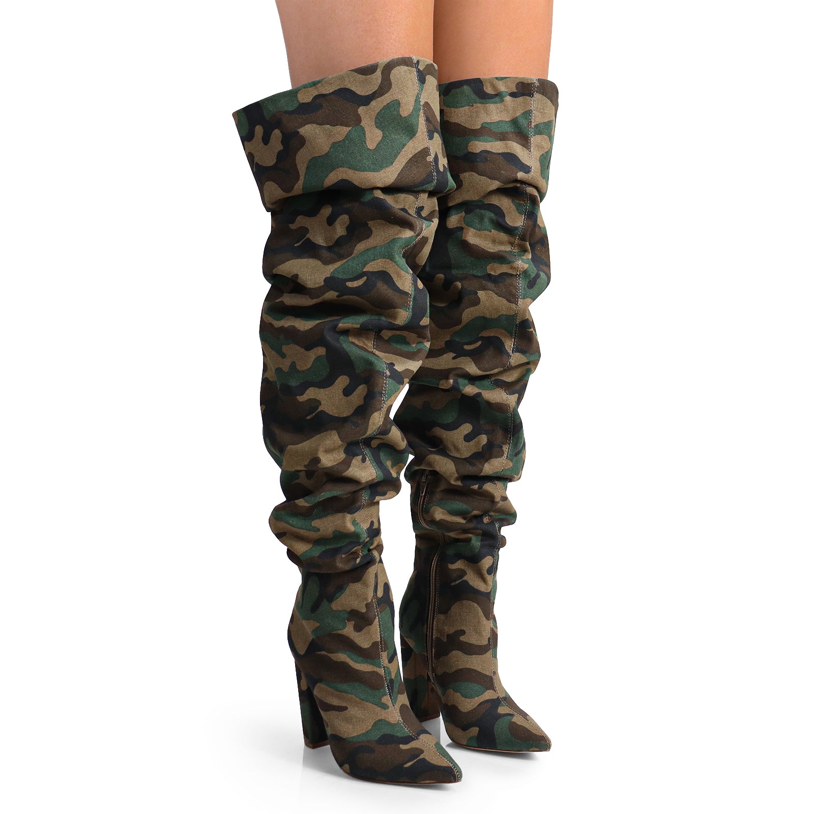 NORDIC-31 POINTED TOE KNEE HIGH SLOUCHY PU BOOTIE CAMOFLAGE