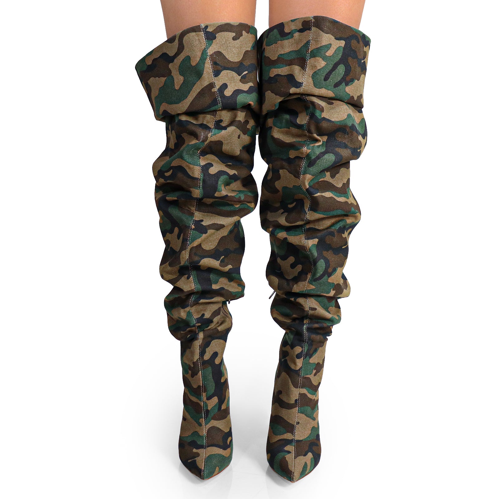 NORDIC-31 POINTED TOE KNEE HIGH SLOUCHY PU BOOTIE CAMOFLAGE