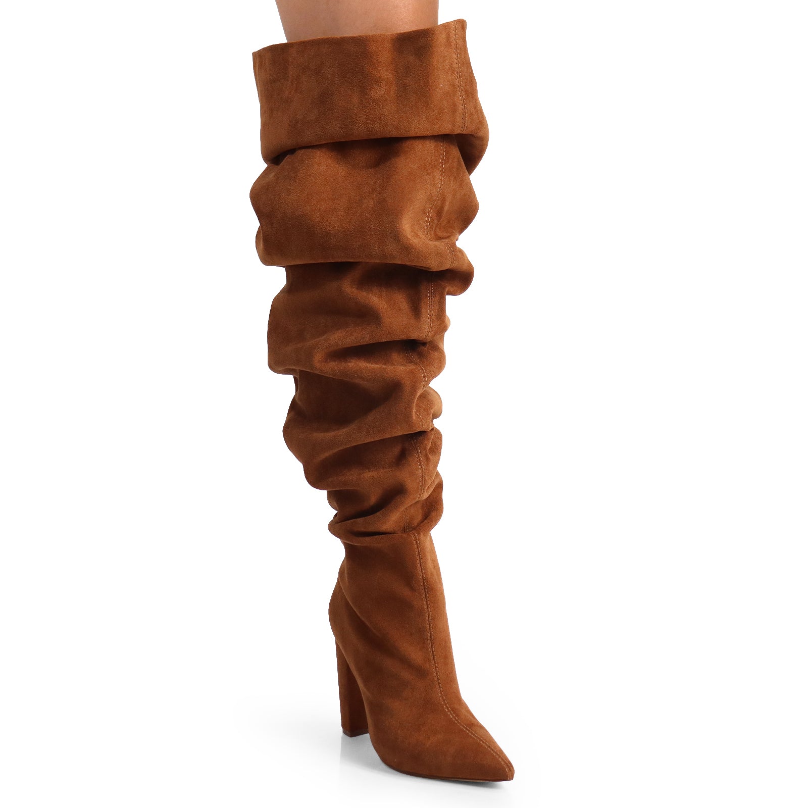NORDIC-31 POINTED TOE KNEE HIGH SLOUCHY PU BOOTIE CHESTNUT SUEDE