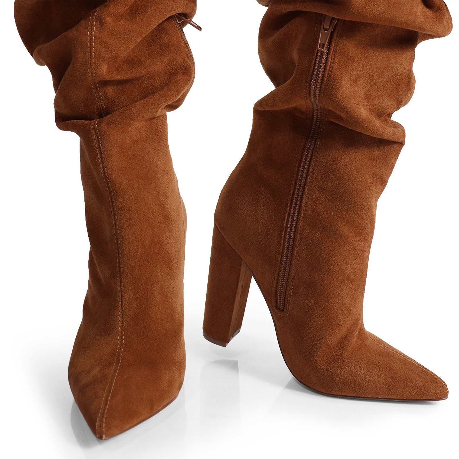 NORDIC-31 POINTED TOE KNEE HIGH SLOUCHY PU BOOTIE CHESTNUT SUEDE