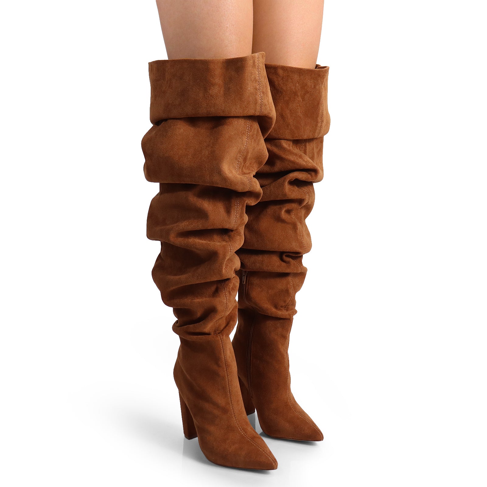 NORDIC-31 POINTED TOE KNEE HIGH SLOUCHY PU BOOTIE CHESTNUT SUEDE