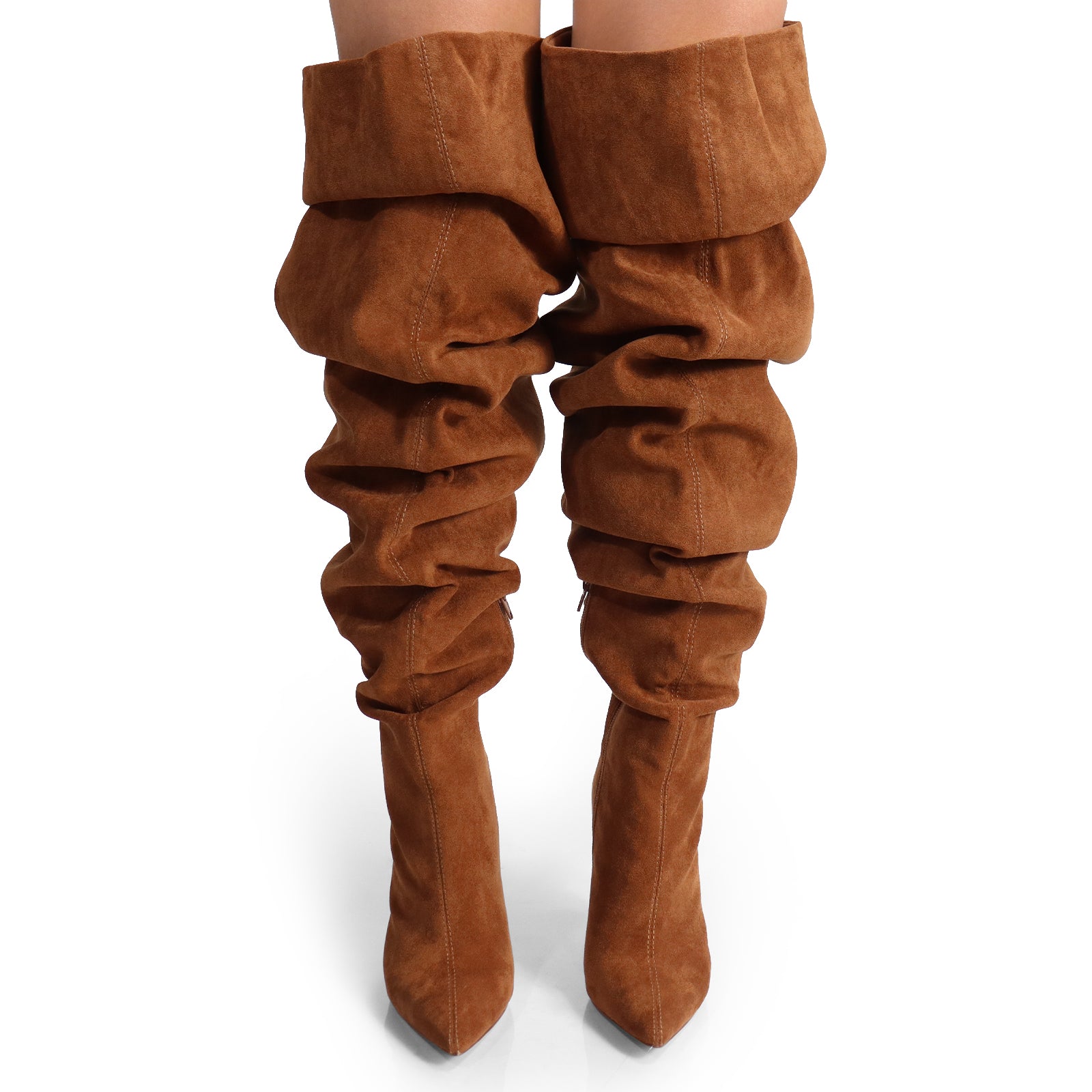 NORDIC-31 POINTED TOE KNEE HIGH SLOUCHY PU BOOTIE CHESTNUT SUEDE