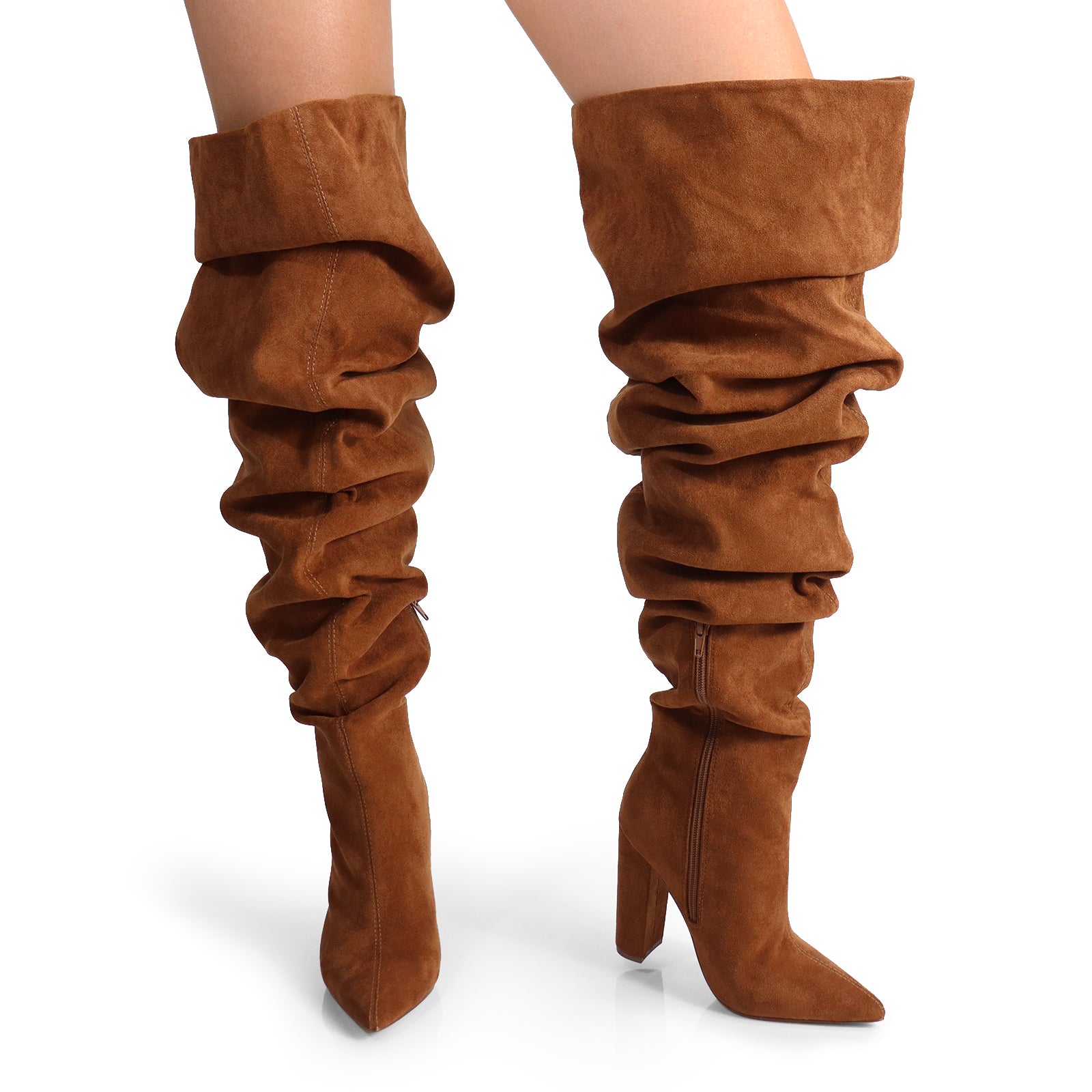 NORDIC-31 POINTED TOE KNEE HIGH SLOUCHY PU BOOTIE CHESTNUT SUEDE