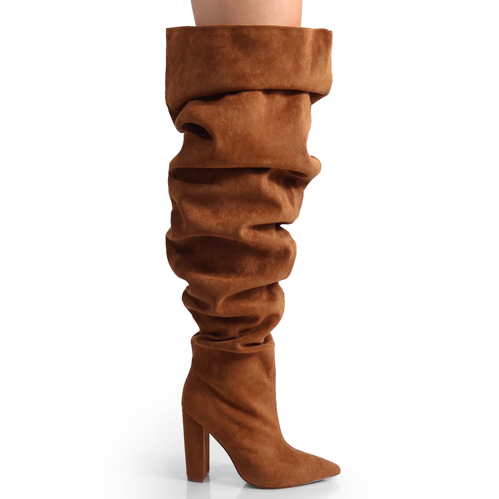 NORDIC-31 POINTED TOE KNEE HIGH SLOUCHY PU BOOTIE CHESTNUT SUEDE