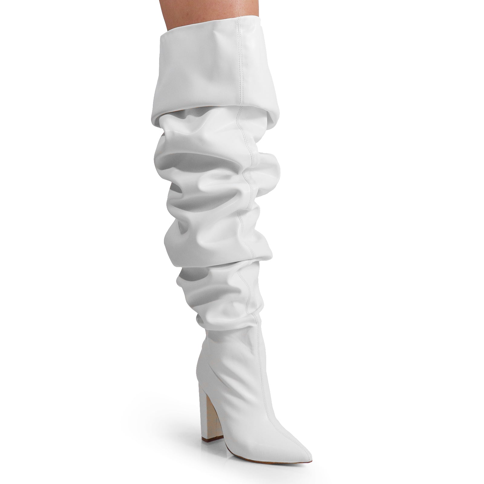 NORDIC-31 POINTED TOE KNEE HIGH SLOUCHY PU BOOTIE WHITE PU