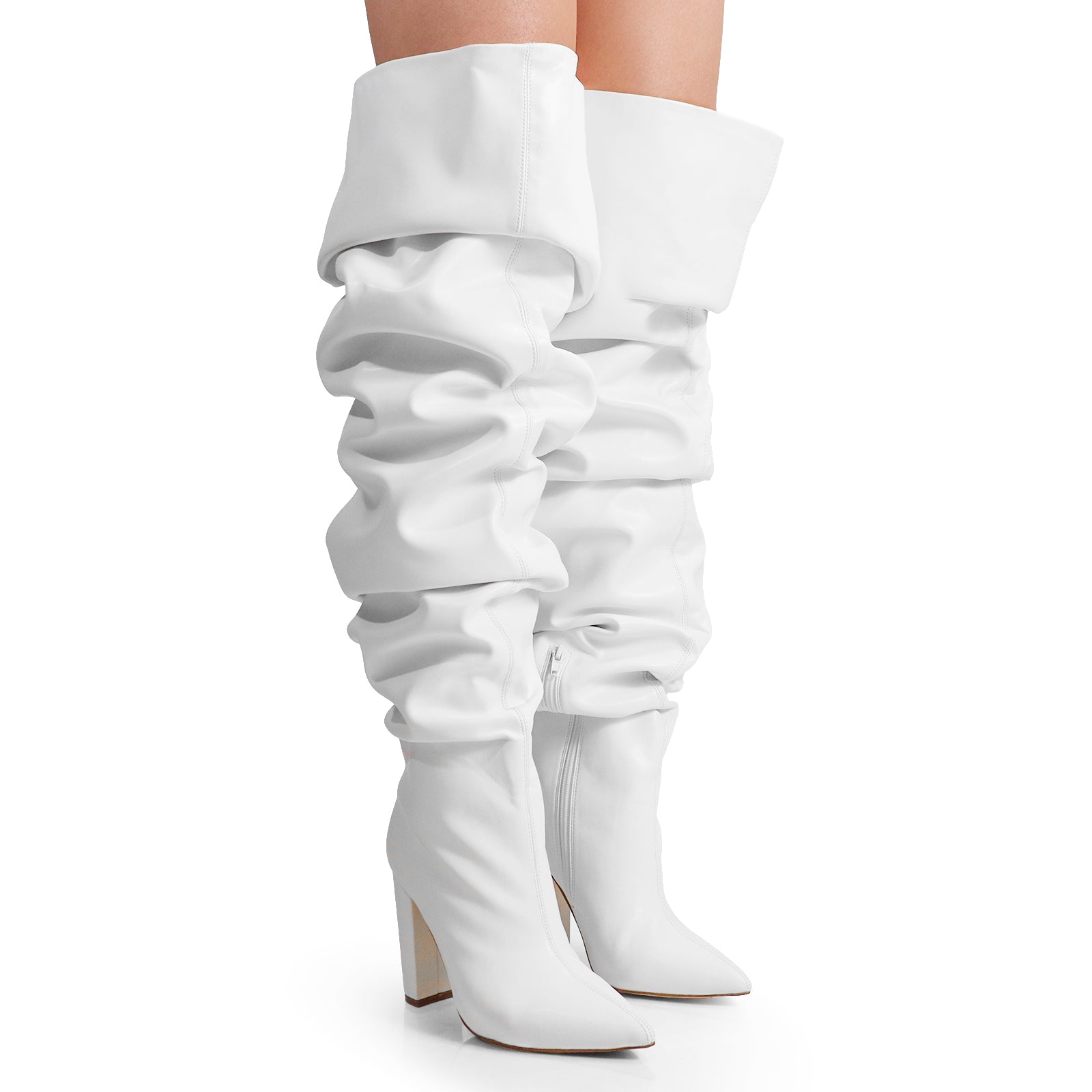 NORDIC-31 POINTED TOE KNEE HIGH SLOUCHY PU BOOTIE WHITE PU