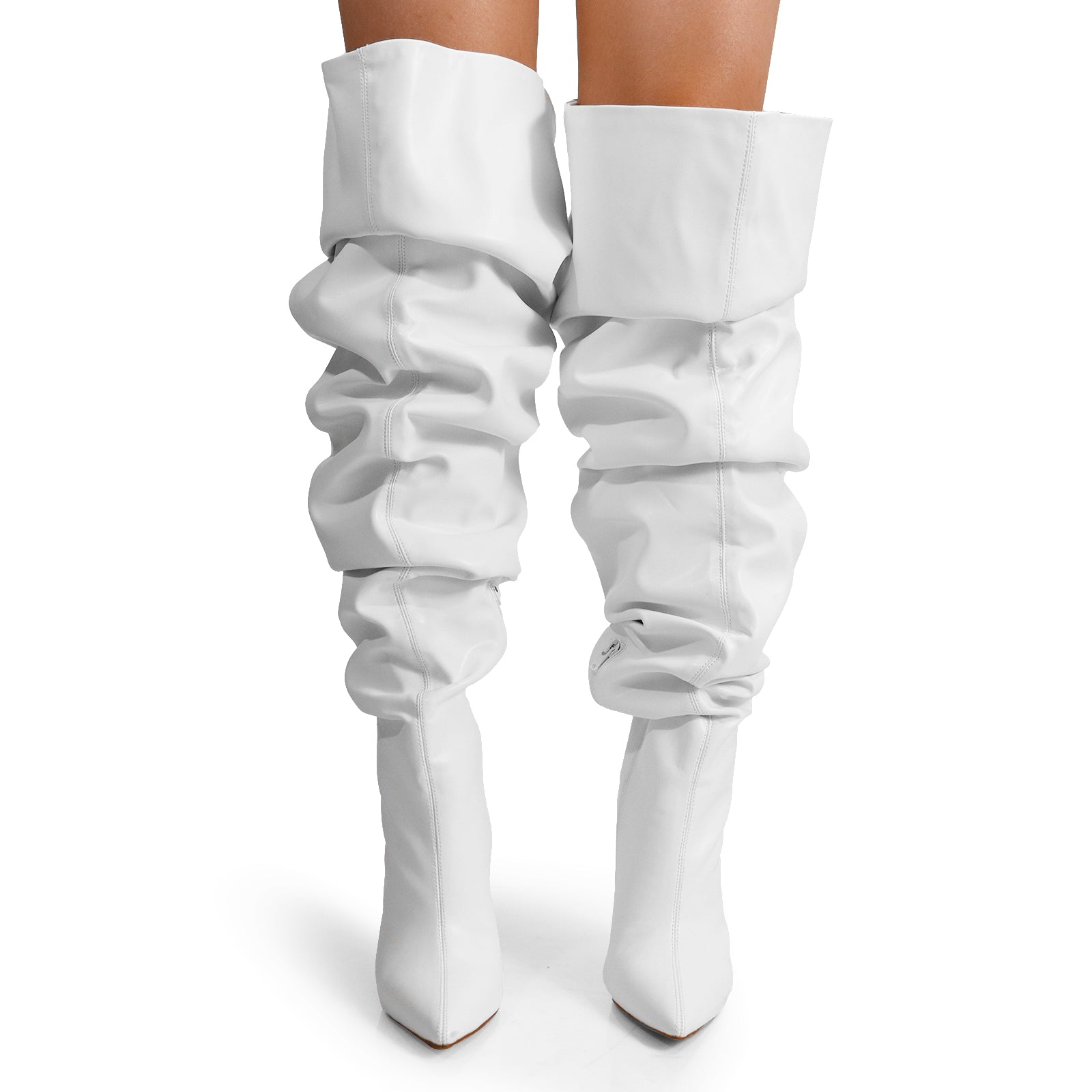 NORDIC-31 POINTED TOE KNEE HIGH SLOUCHY PU BOOTIE WHITE PU