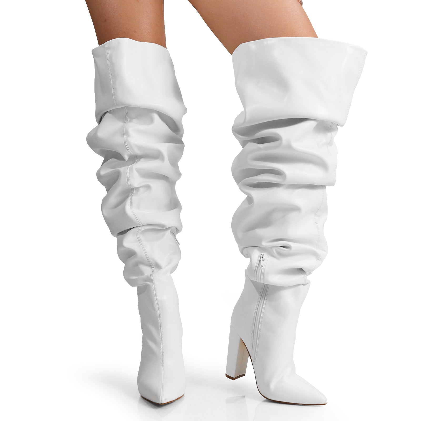 NORDIC-31 POINTED TOE KNEE HIGH SLOUCHY PU BOOTIE WHITE PU