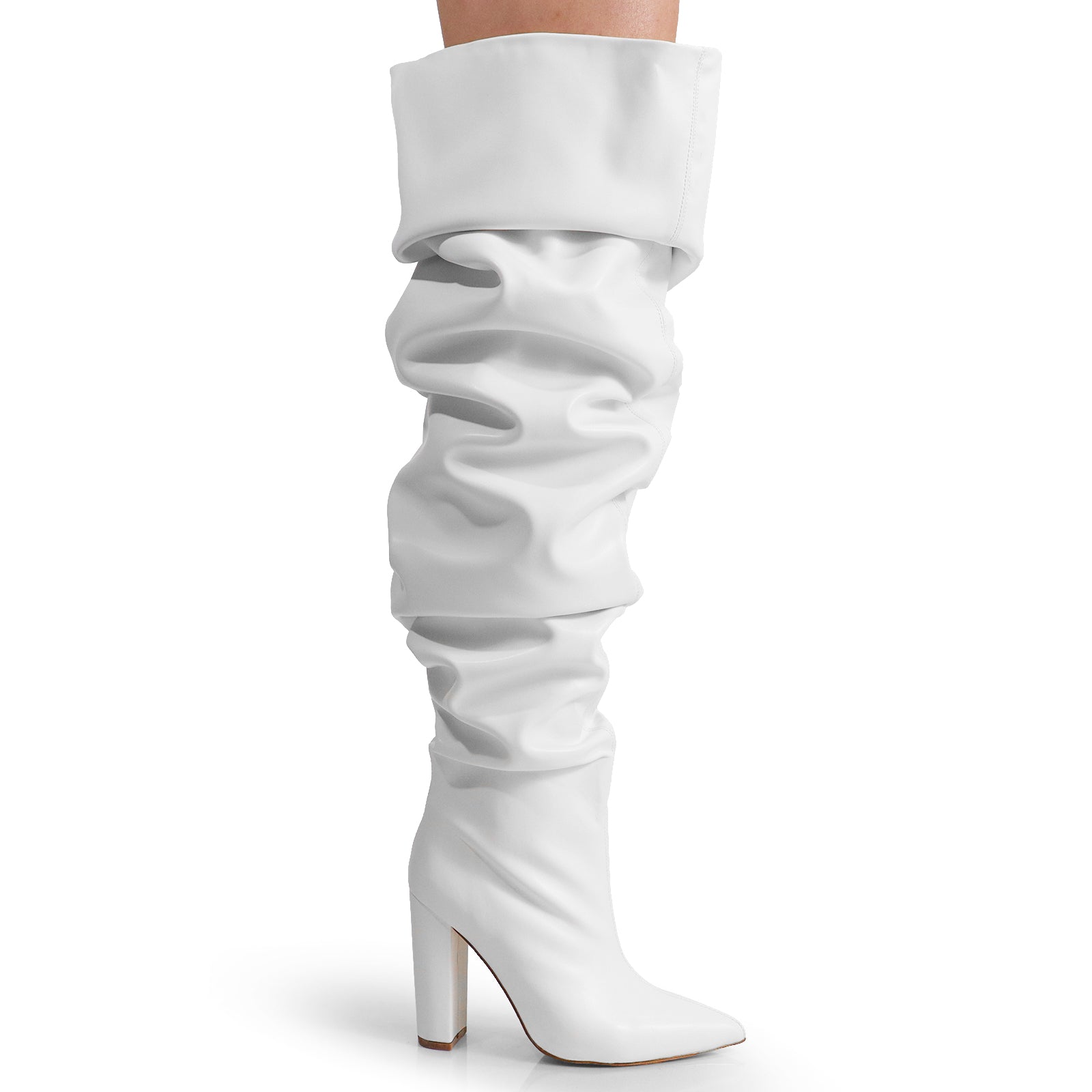NORDIC-31 POINTED TOE KNEE HIGH SLOUCHY PU BOOTIE WHITE PU