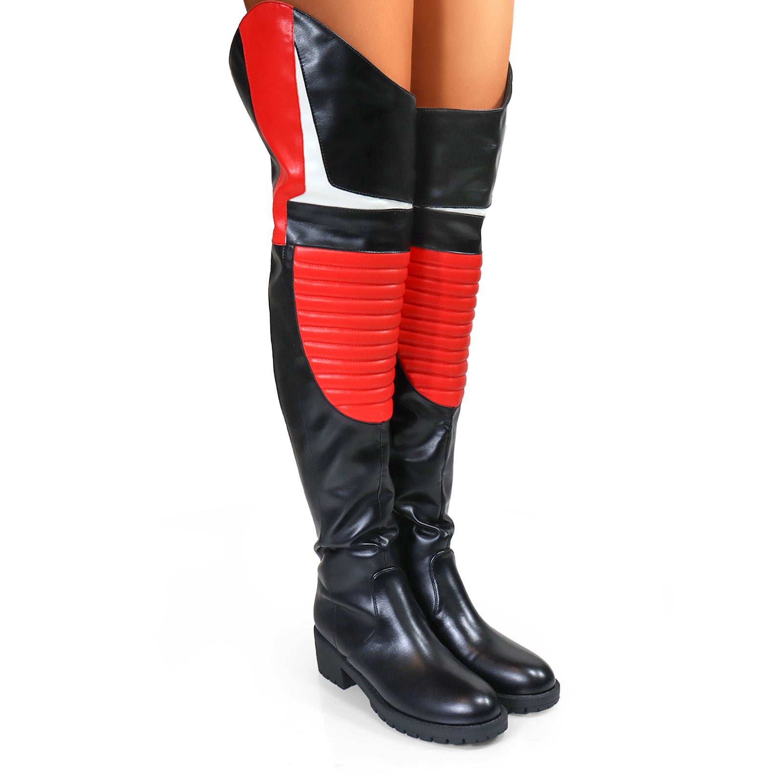 NORRIS-1 OVER KNEE HIGH BOOTS BLACK/RED
