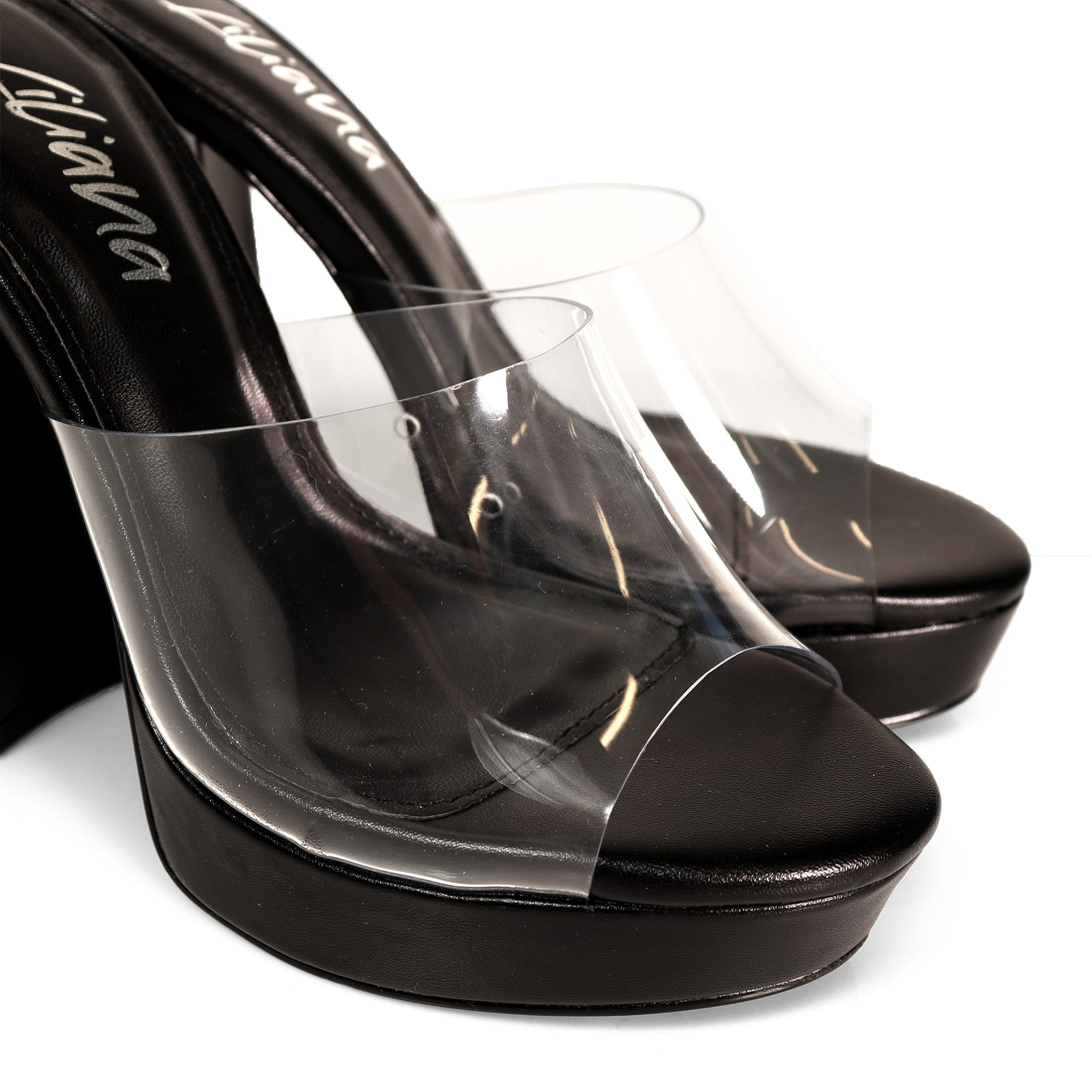 OLINA-2 PEEP TOE TRANSPARENT UPPER PLATFORM MULE BLACK