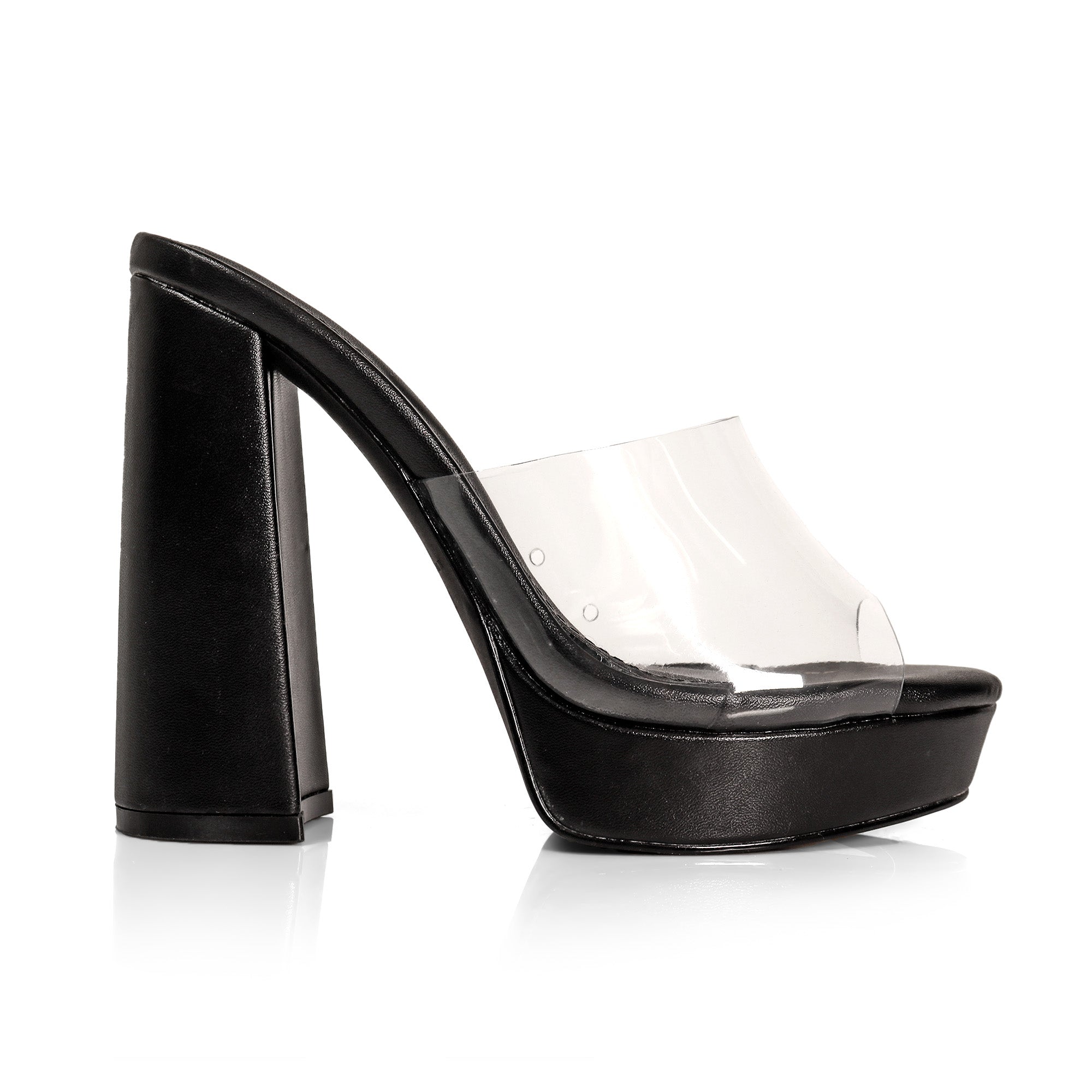 OLINA-2 PEEP TOE TRANSPARENT UPPER PLATFORM MULE BLACK