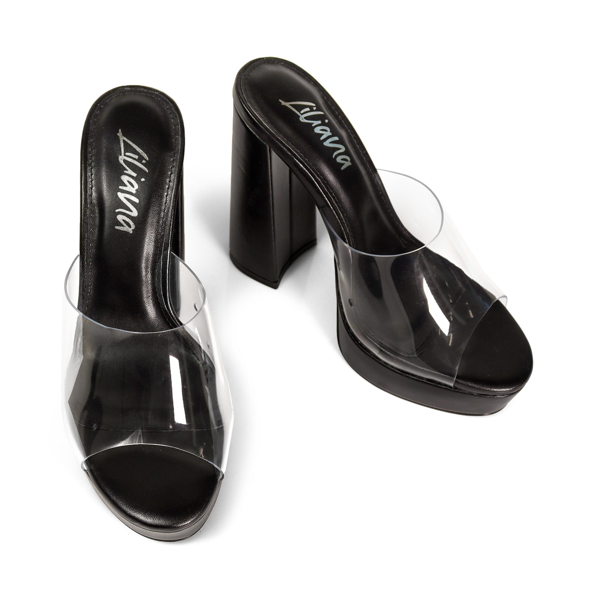 OLINA-2 PEEP TOE TRANSPARENT UPPER PLATFORM MULE BLACK