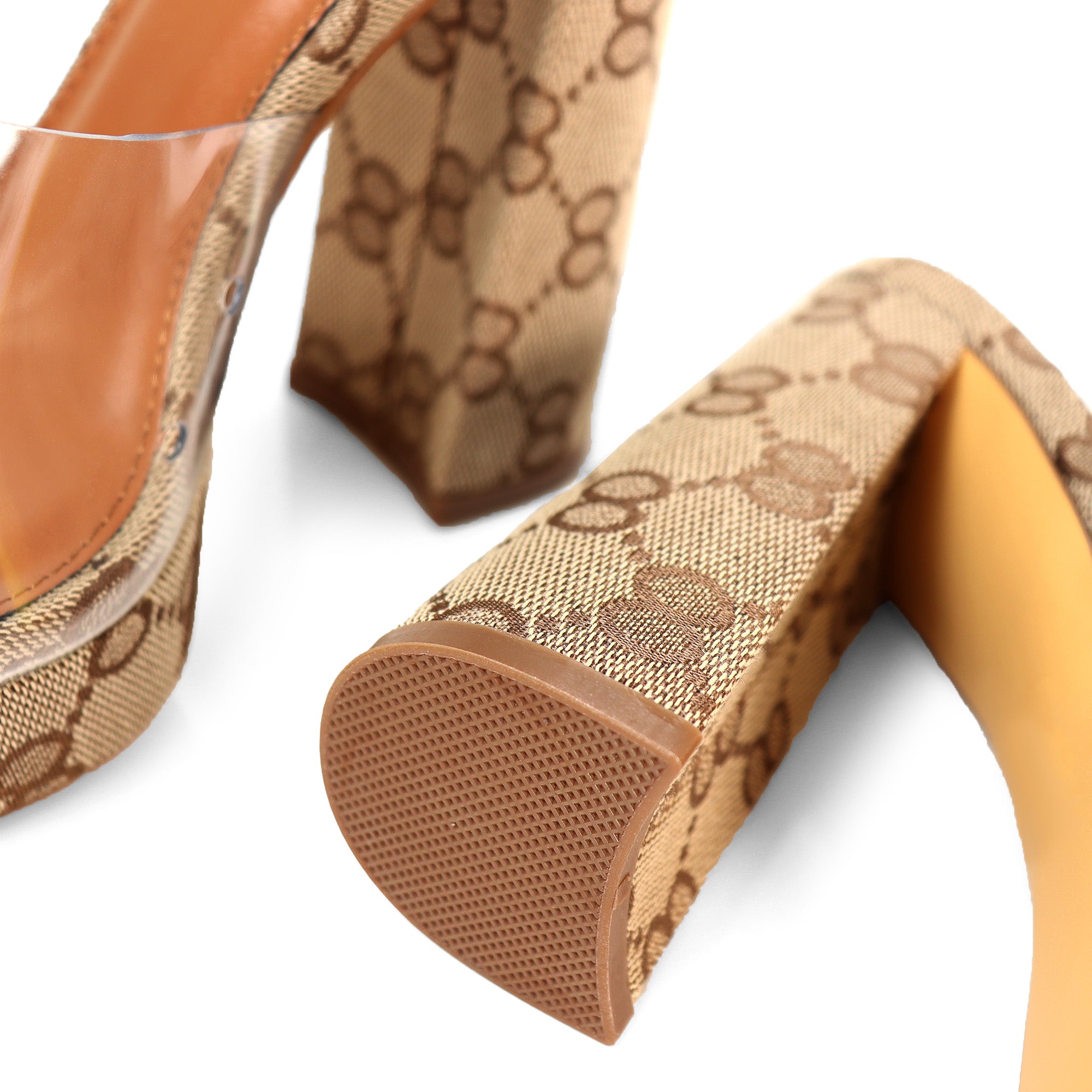 OLINA-2 PEEP TOE TRANSPARENT UPPER PLATFORM MULE MONOGRAM