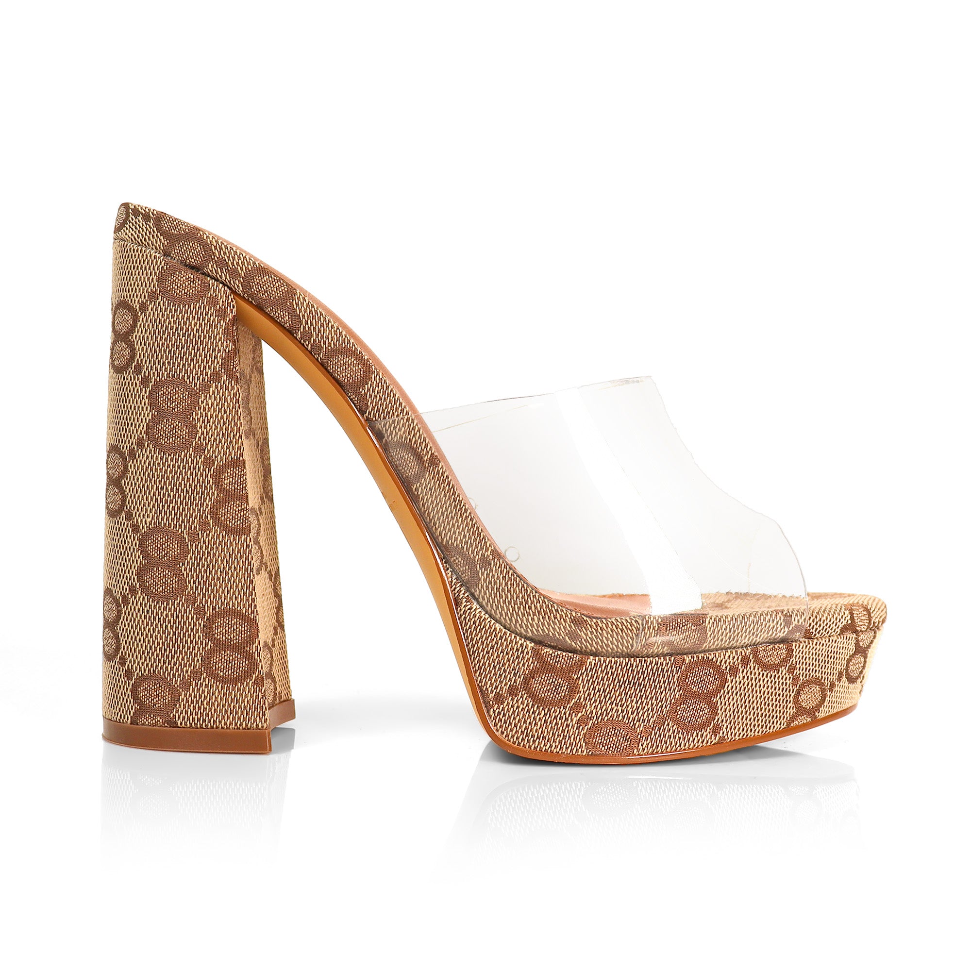 OLINA-2 PEEP TOE TRANSPARENT UPPER PLATFORM MULE MONOGRAM