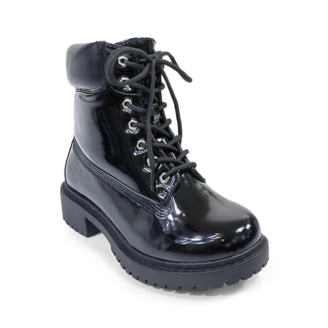 OLIVIA-3 PATENT LACE UP COMBAT BOOTIE W/ LUG SOLE BLACK