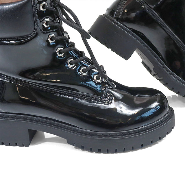 OLIVIA-3 PATENT LACE UP COMBAT BOOTIE W/ LUG SOLE BLACK